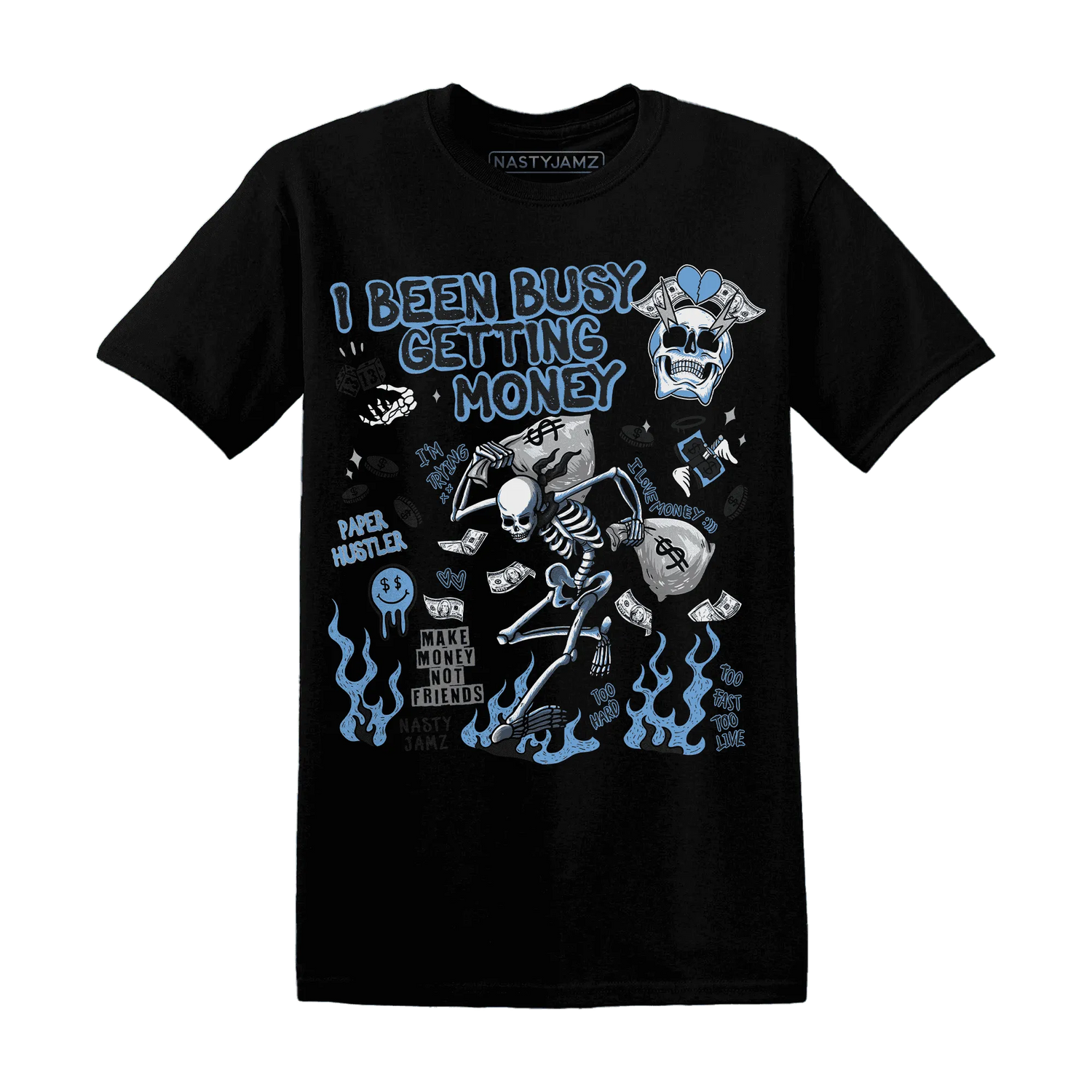AM-Plus-Black-Univercitii-Blue-NastyJamz-T-Shirt-Match-Busy-Getting-Money-Skull