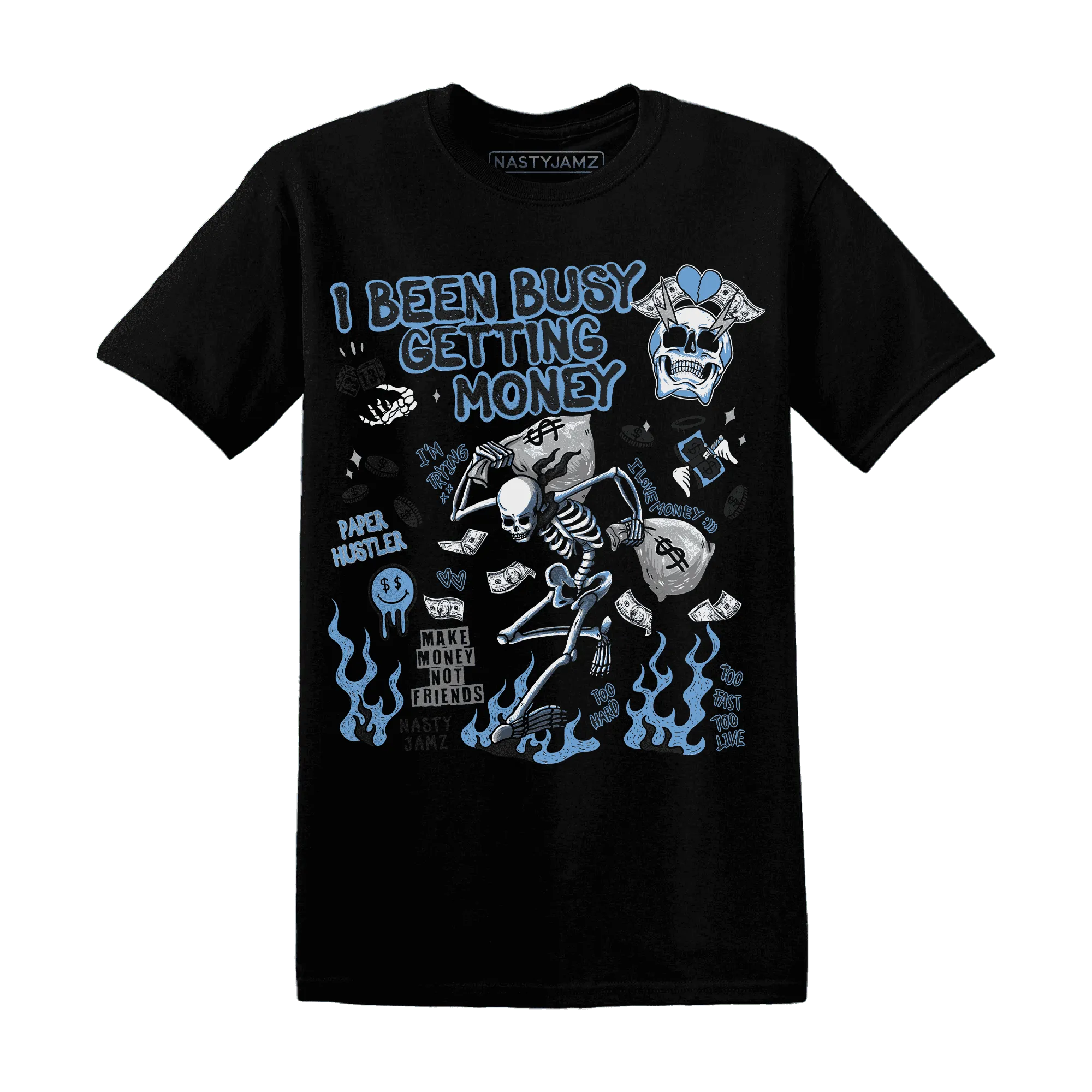AM-Plus-Black-Univercitii-Blue-NastyJamz-T-Shirt-Match-Busy-Getting-Money-Skull