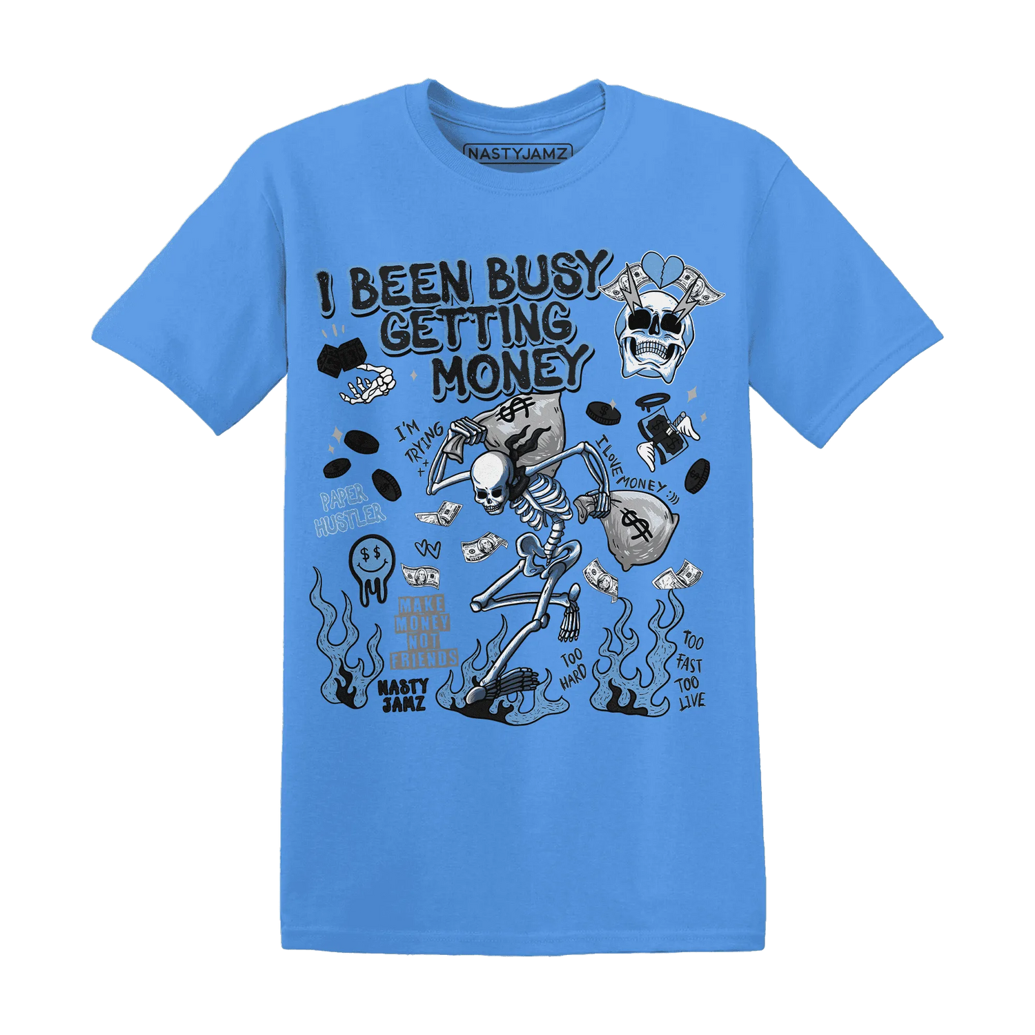 AM-Plus-Black-Univercitii-Blue-NastyJamz-T-Shirt-Match-Busy-Getting-Money-Skull