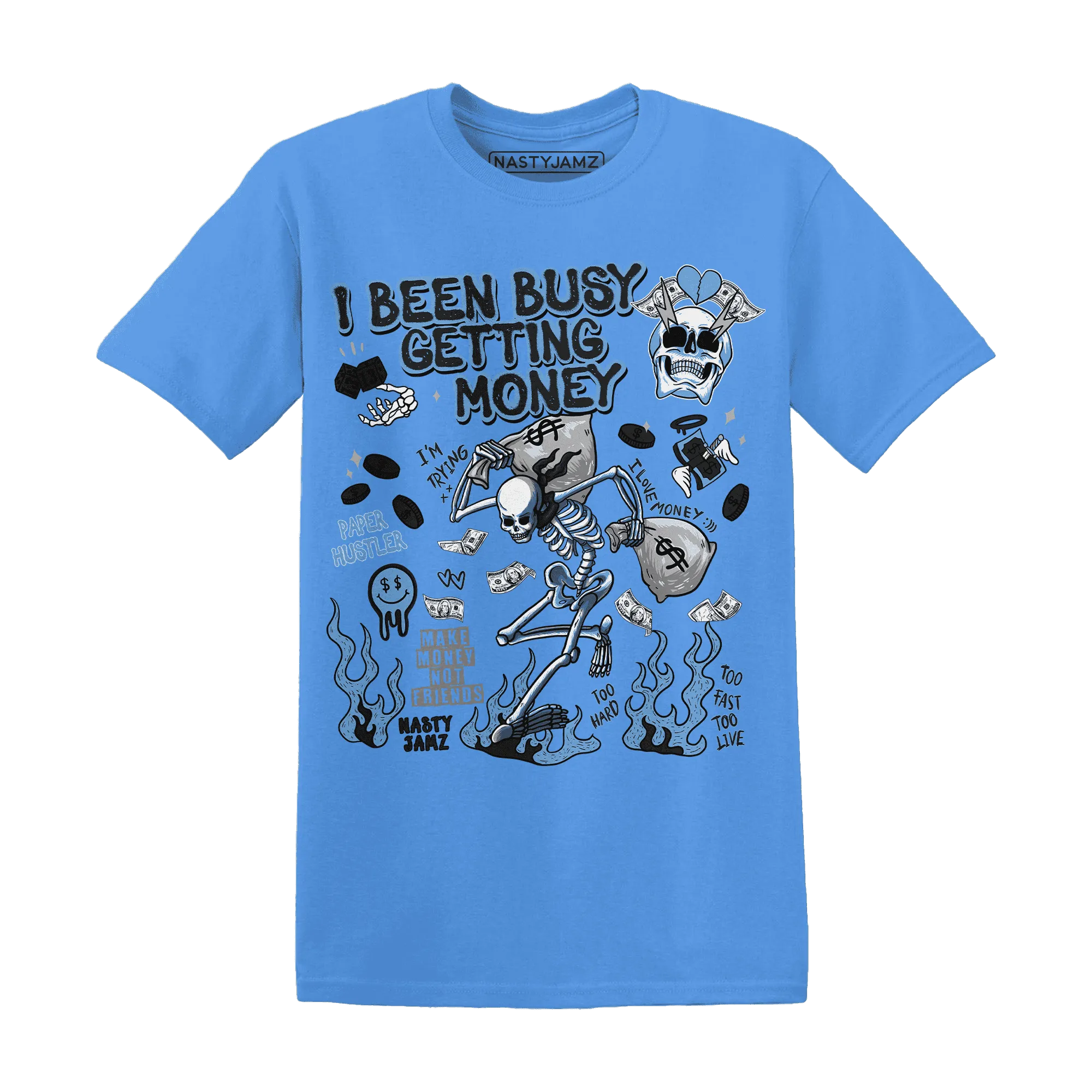 AM-Plus-Black-Univercitii-Blue-NastyJamz-T-Shirt-Match-Busy-Getting-Money-Skull