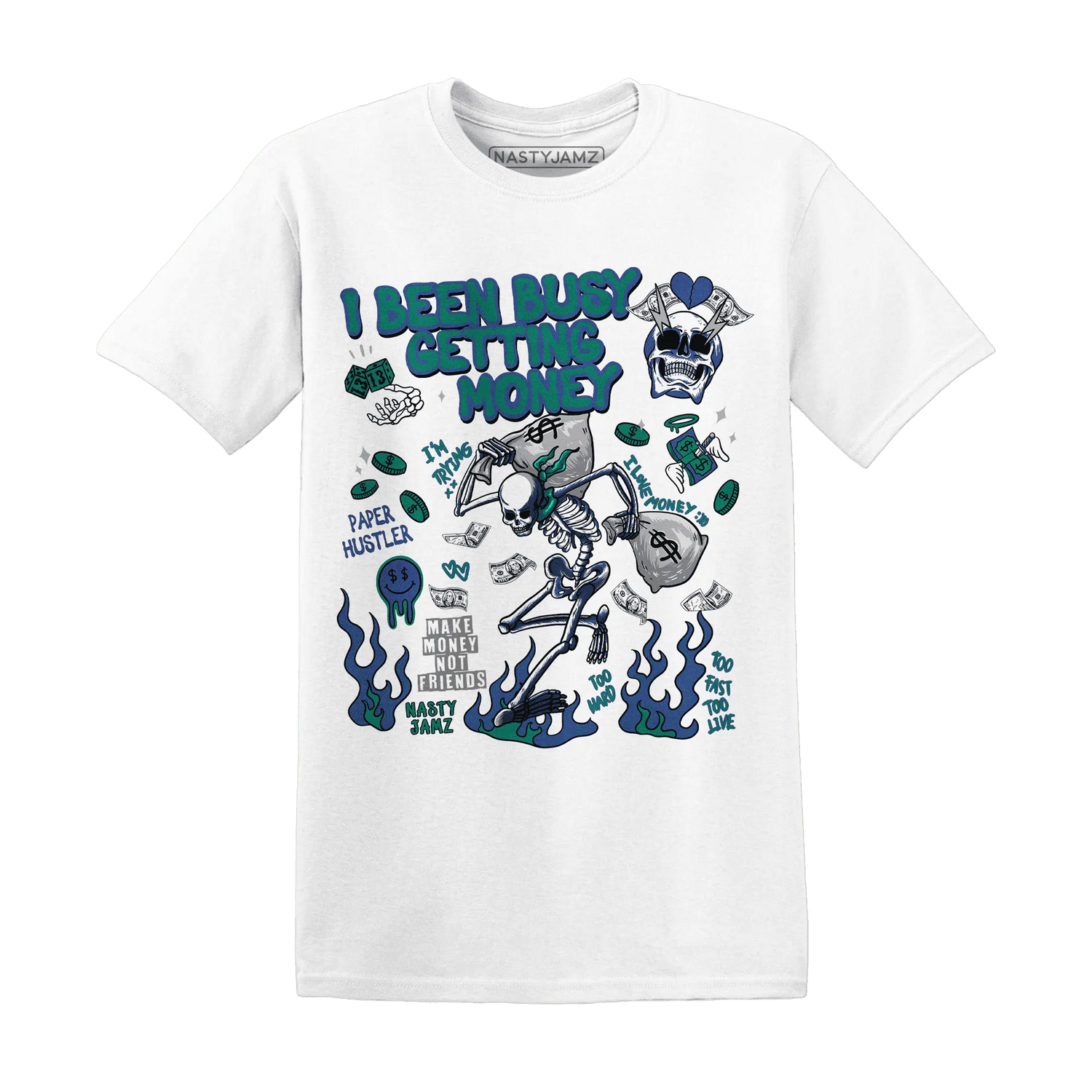 Dunk-Hyper-Royal-Malachite-NastyJamz-T-Shirt-Match-Busy-Getting-Money-Skull