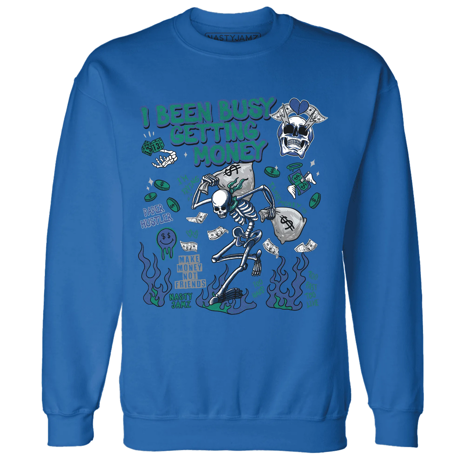 Dunk-Hyper-Royal-Malachite-NastyJamz-Sweatshirt-Match-Busy-Getting-Money-Skull