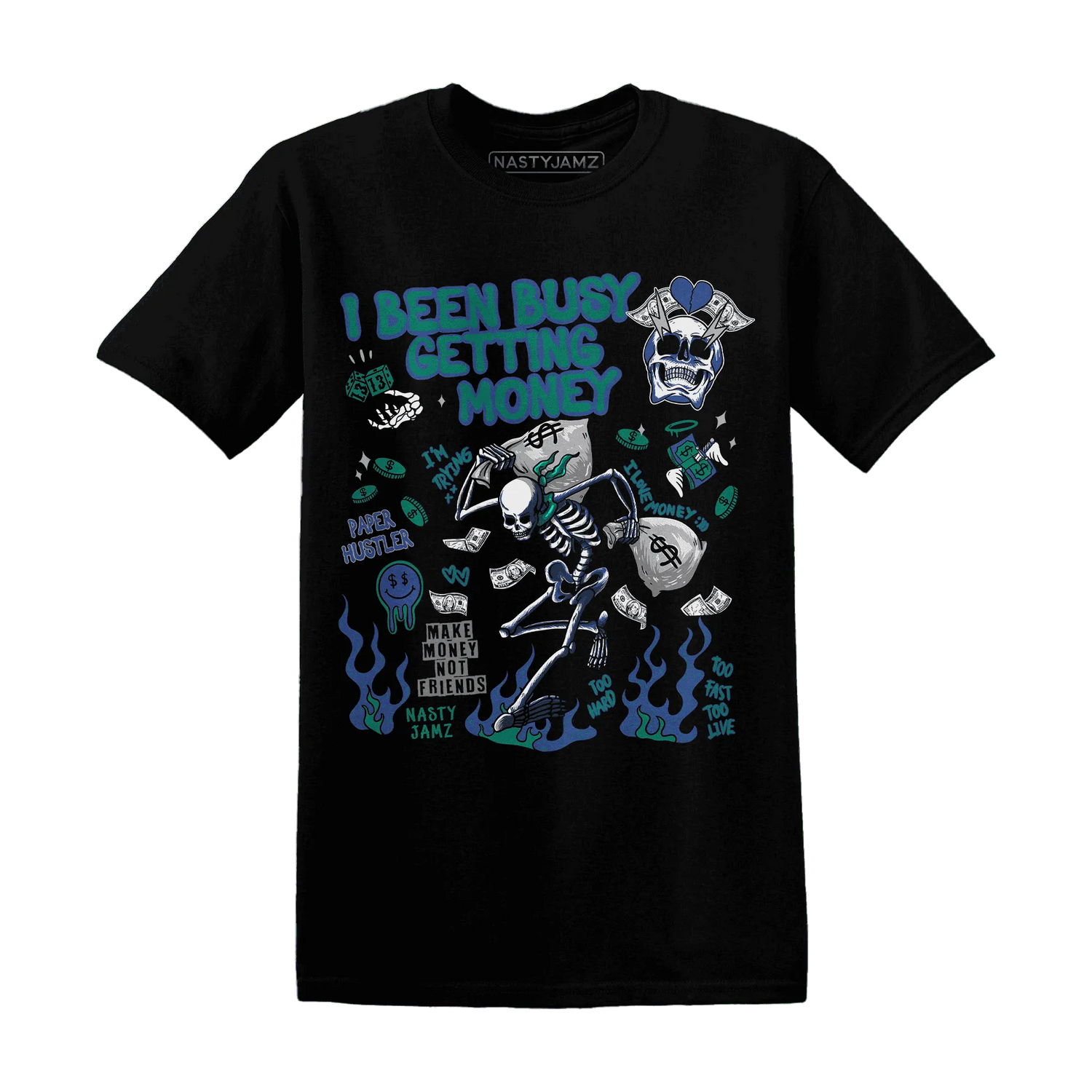 Dunk-Hyper-Royal-Malachite-NastyJamz-T-Shirt-Match-Busy-Getting-Money-Skull