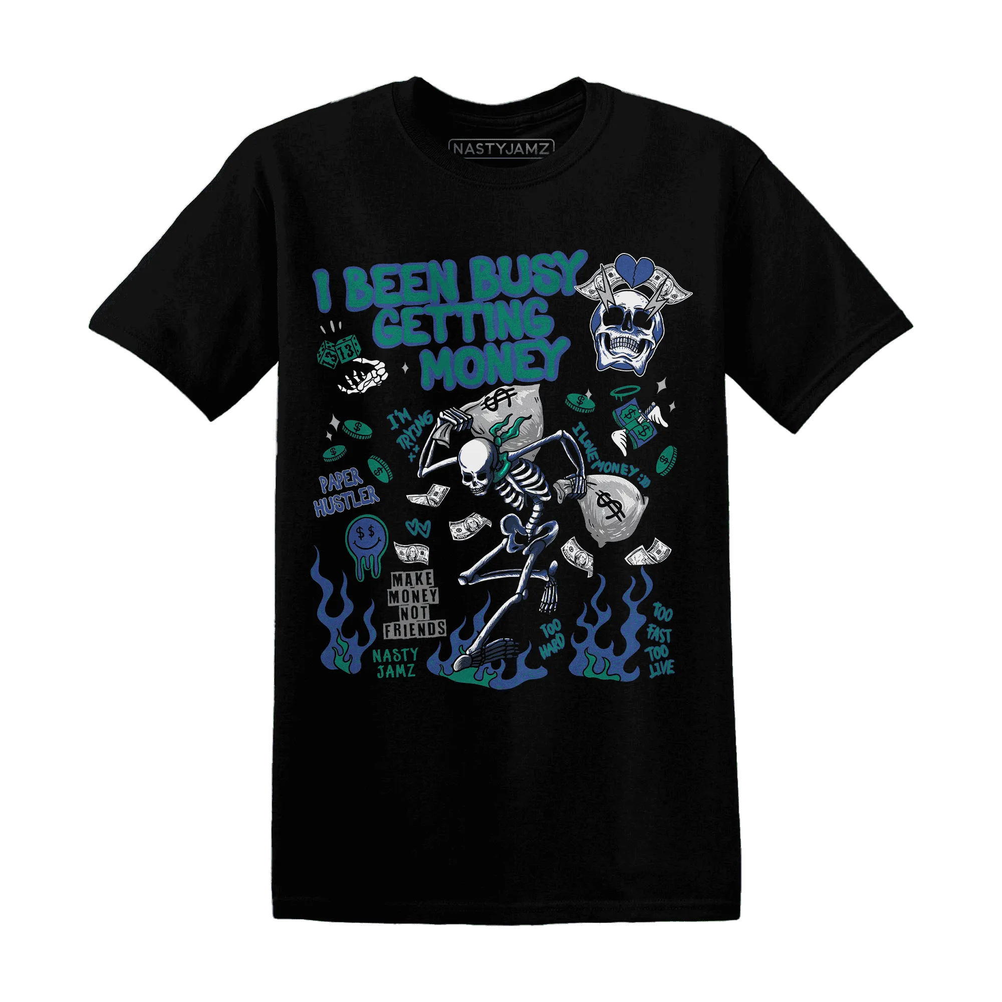 Dunk-Hyper-Royal-Malachite-NastyJamz-T-Shirt-Match-Busy-Getting-Money-Skull