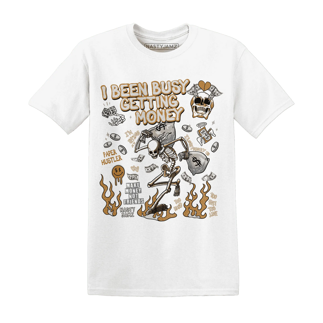 Dunk-Low-Retro-Wheat-Orange-NastyJamz-T-Shirt-Match-Busy-Getting-Money-Skull