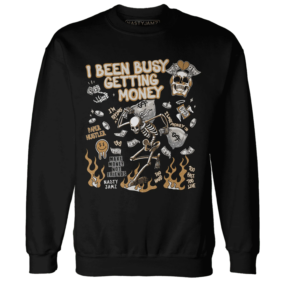 Dunk-Low-Retro-Wheat-Orange-NastyJamz-Sweatshirt-Match-Busy-Getting-Money-Skull