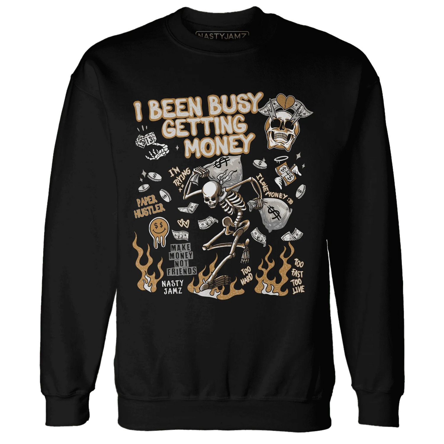 Dunk-Low-Retro-Wheat-Orange-NastyJamz-Sweatshirt-Match-Busy-Getting-Money-Skull