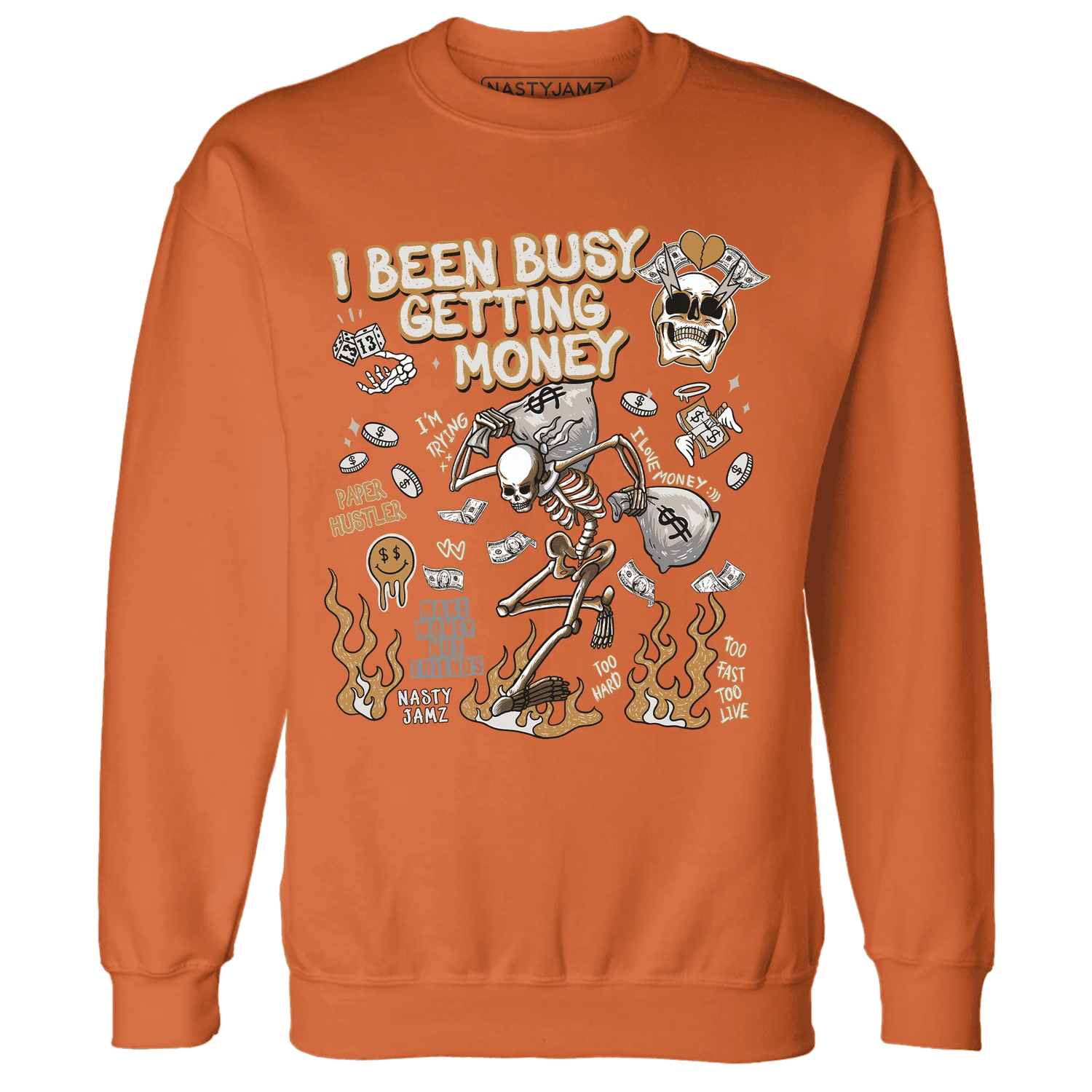 Dunk-Low-Retro-Wheat-Orange-NastyJamz-Sweatshirt-Match-Busy-Getting-Money-Skull
