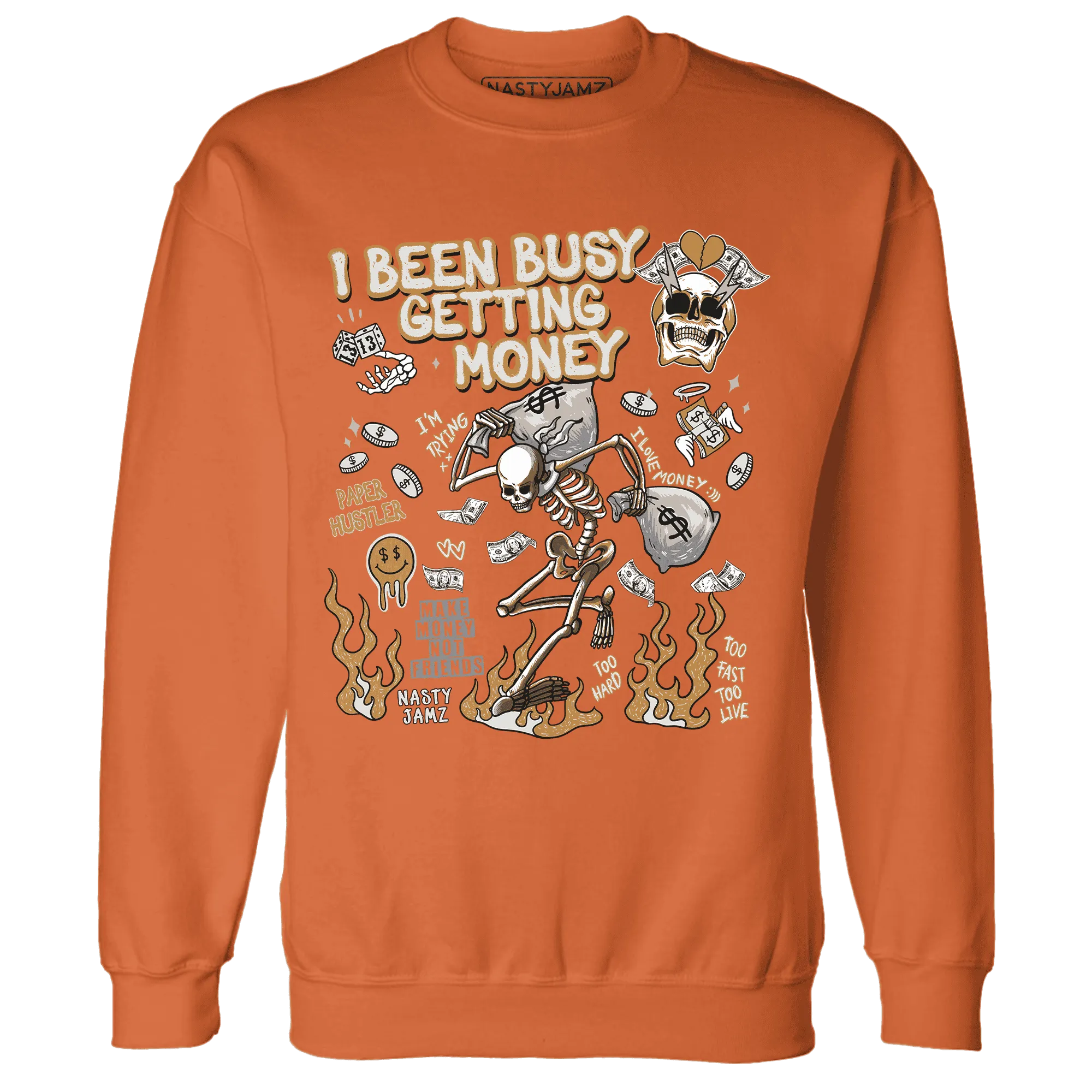 Dunk-Low-Retro-Wheat-Orange-NastyJamz-Sweatshirt-Match-Busy-Getting-Money-Skull