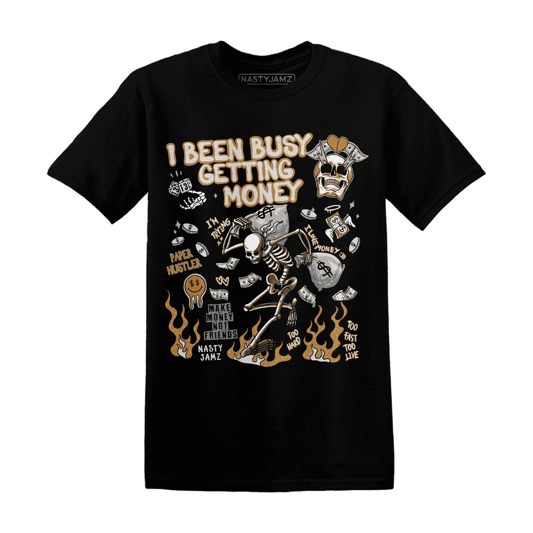 Dunk-Low-Retro-Wheat-Orange-NastyJamz-T-Shirt-Match-Busy-Getting-Money-Skull