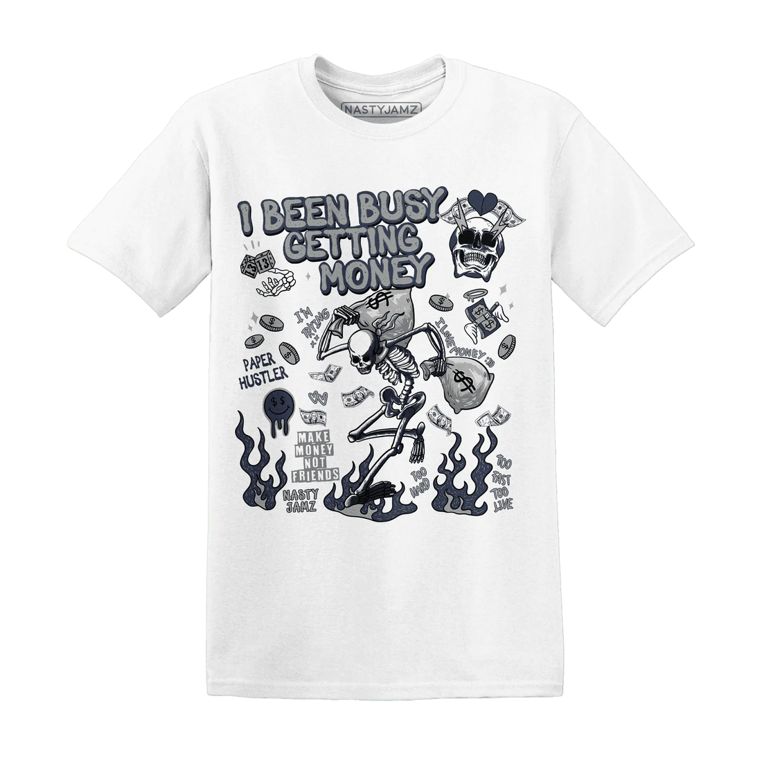 VaporMax-Plus-Midnight-Navy-White-Metallic-Silver-T-Shirt-Match-Busy-Getting-Money-Skull