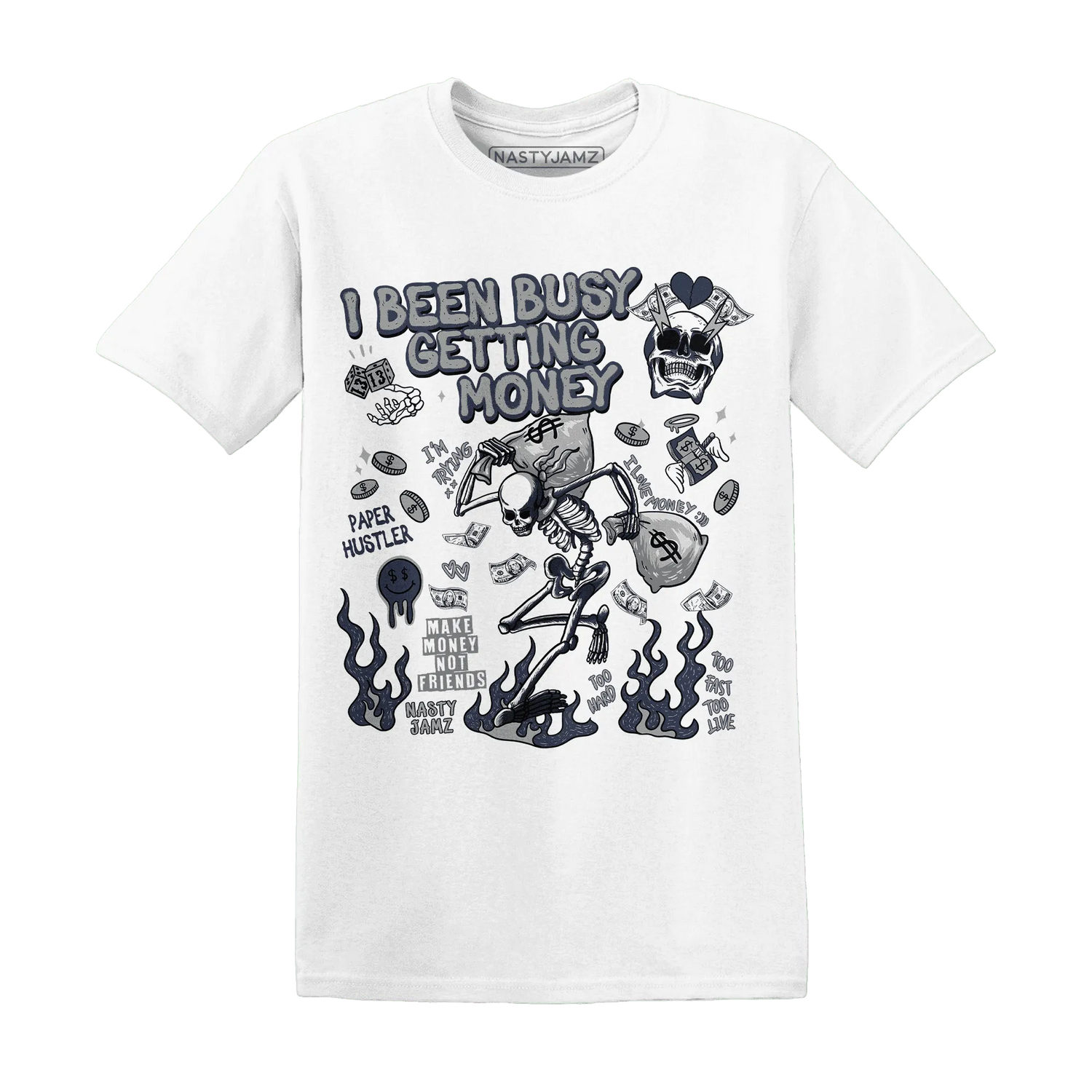 VaporMax-Plus-Midnight-Navy-White-Metallic-Silver-T-Shirt-Match-Busy-Getting-Money-Skull