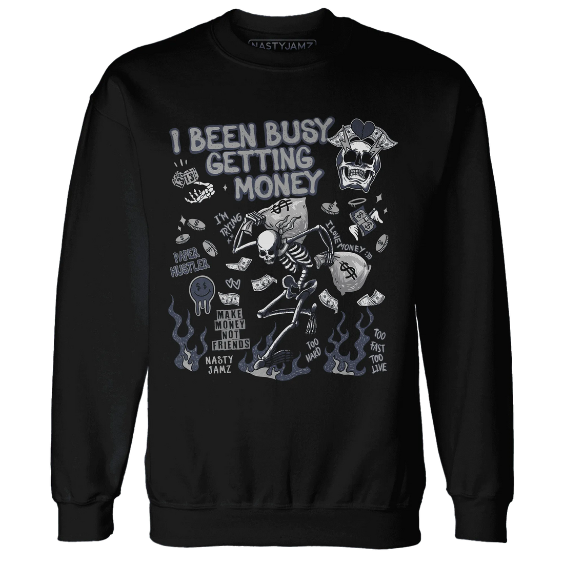 VaporMax-Plus-Midnight-Navy-White-Metallic-Silver-Sweatshirt-Match-Busy-Getting-Money-Skull