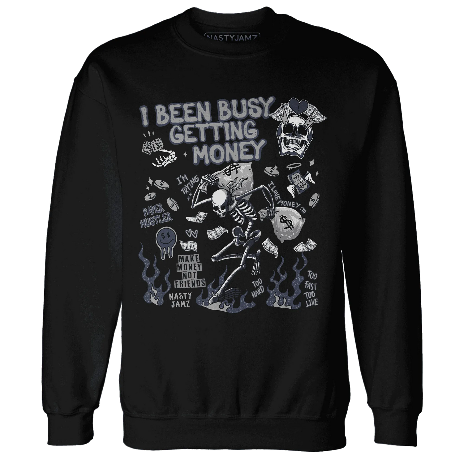 VaporMax-Plus-Midnight-Navy-White-Metallic-Silver-Sweatshirt-Match-Busy-Getting-Money-Skull