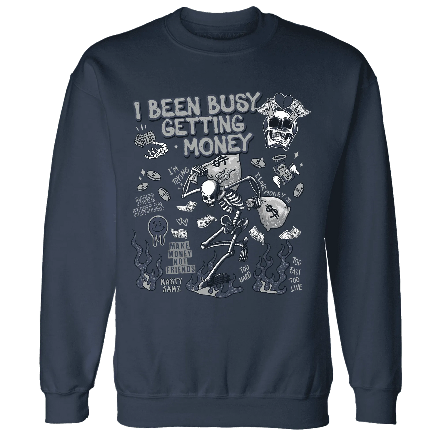 VaporMax-Plus-Midnight-Navy-White-Metallic-Silver-Sweatshirt-Match-Busy-Getting-Money-Skull