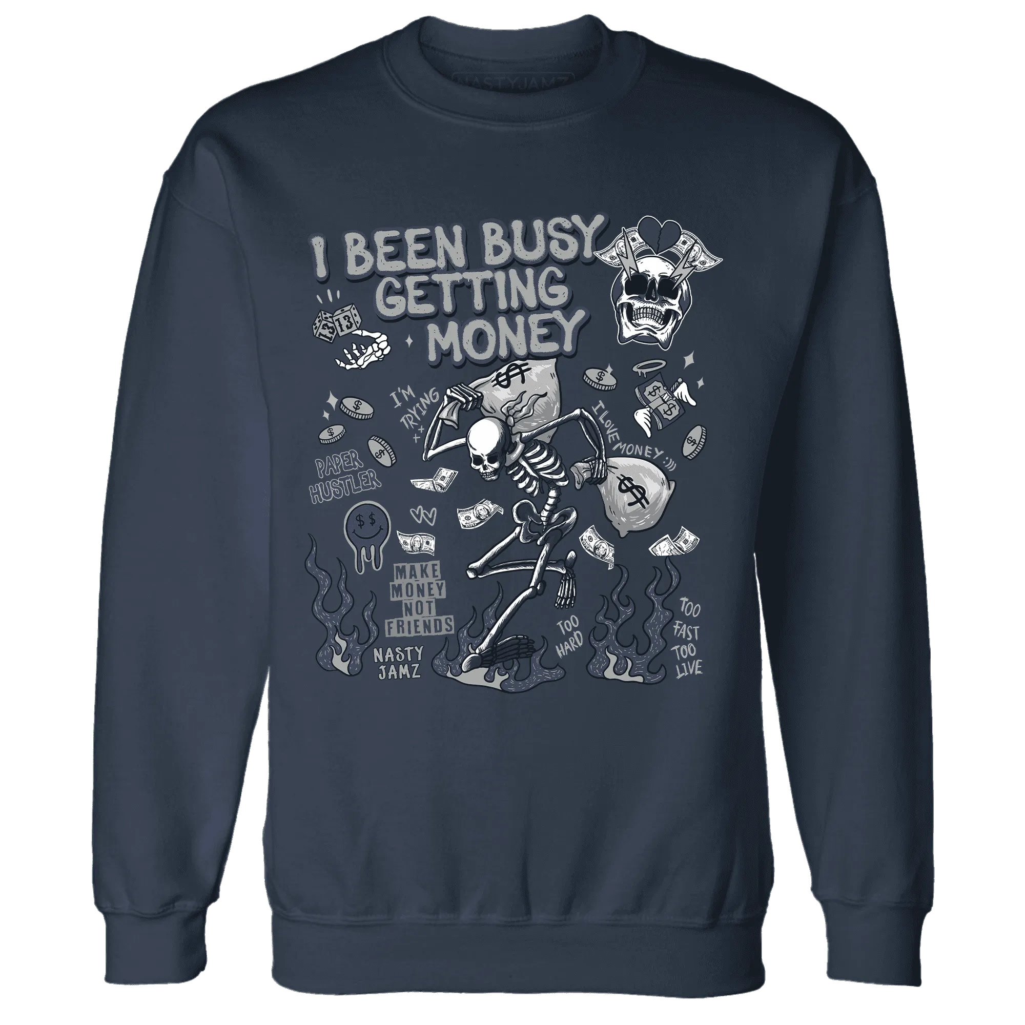 VaporMax-Plus-Midnight-Navy-White-Metallic-Silver-Sweatshirt-Match-Busy-Getting-Money-Skull