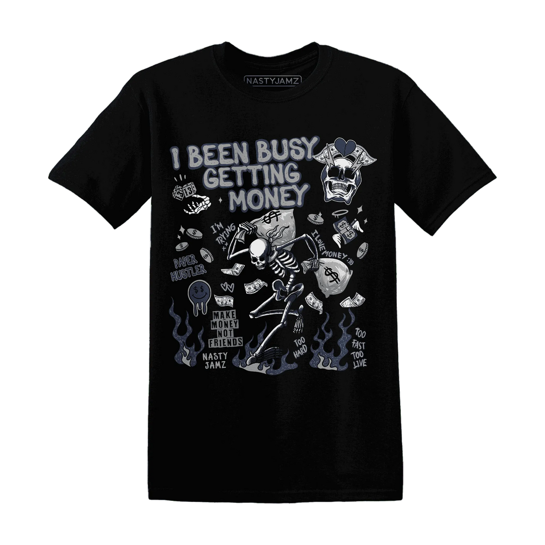 VaporMax-Plus-Midnight-Navy-White-Metallic-Silver-T-Shirt-Match-Busy-Getting-Money-Skull