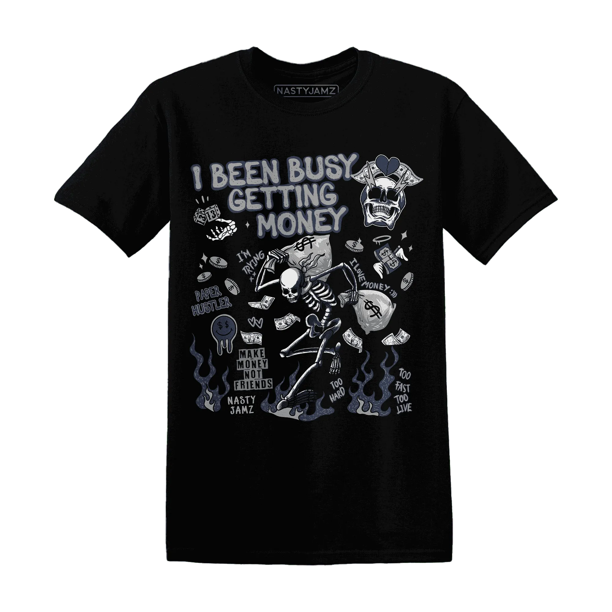 VaporMax-Plus-Midnight-Navy-White-Metallic-Silver-T-Shirt-Match-Busy-Getting-Money-Skull