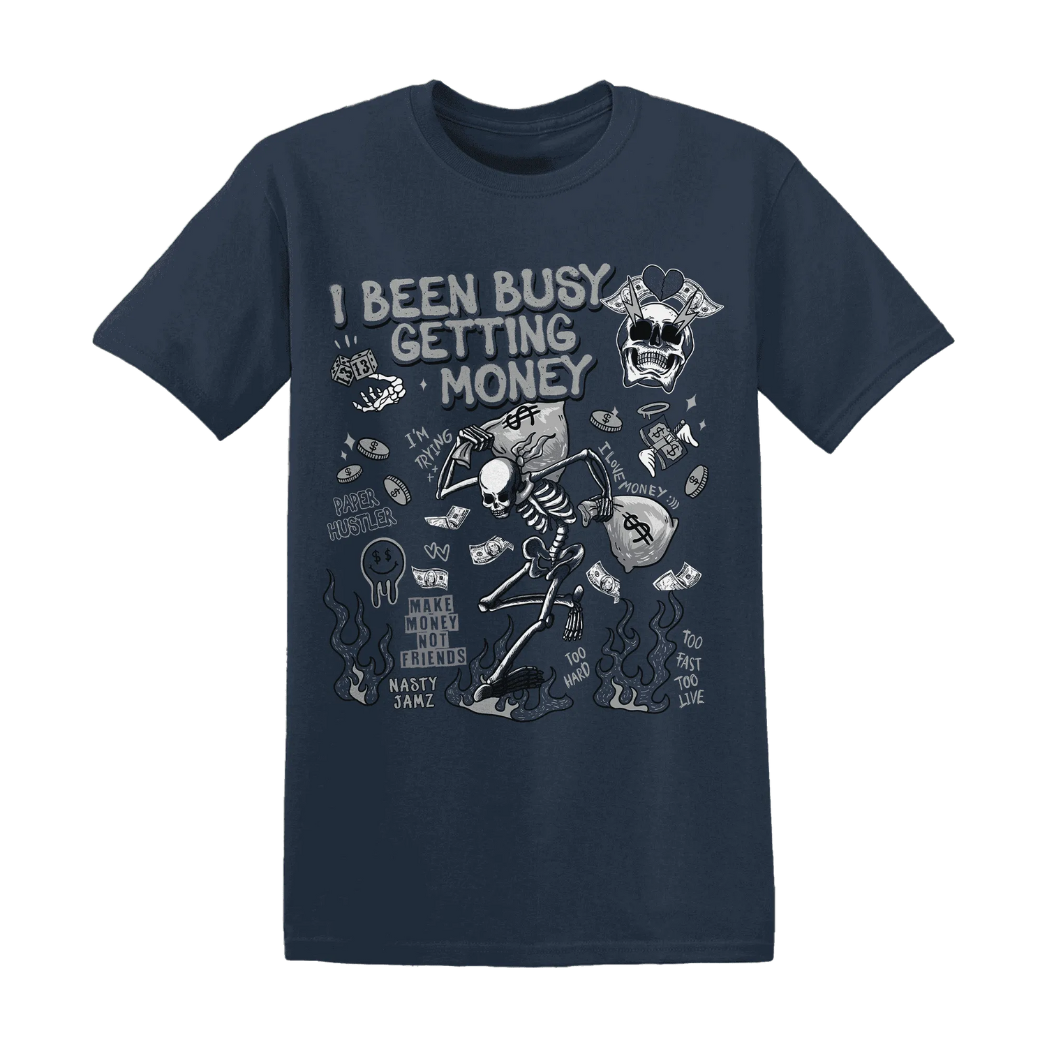 VaporMax-Plus-Midnight-Navy-White-Metallic-Silver-T-Shirt-Match-Busy-Getting-Money-Skull