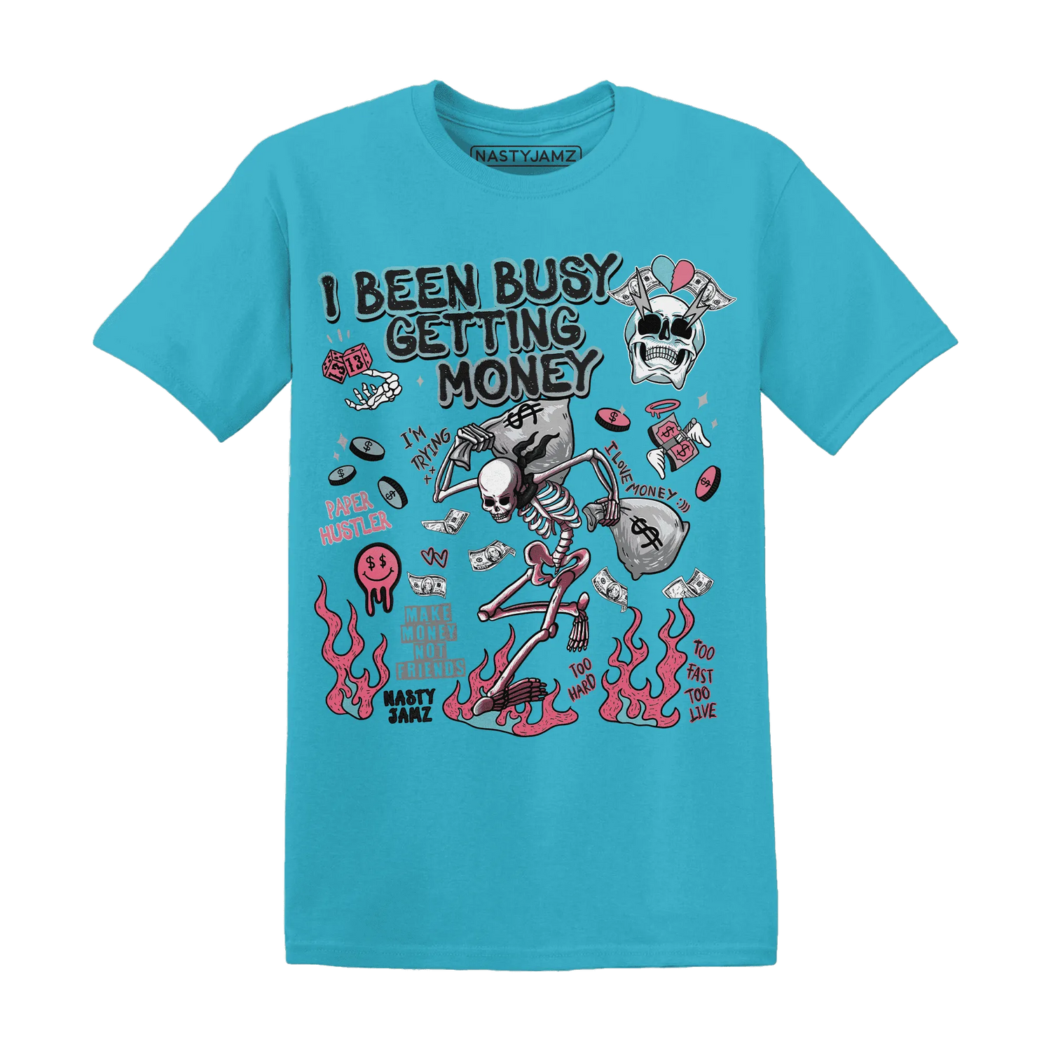 VaporMax-Plus-South-Beach-NastyJamz-T-Shirt-Match-Busy-Getting-Money-Skull