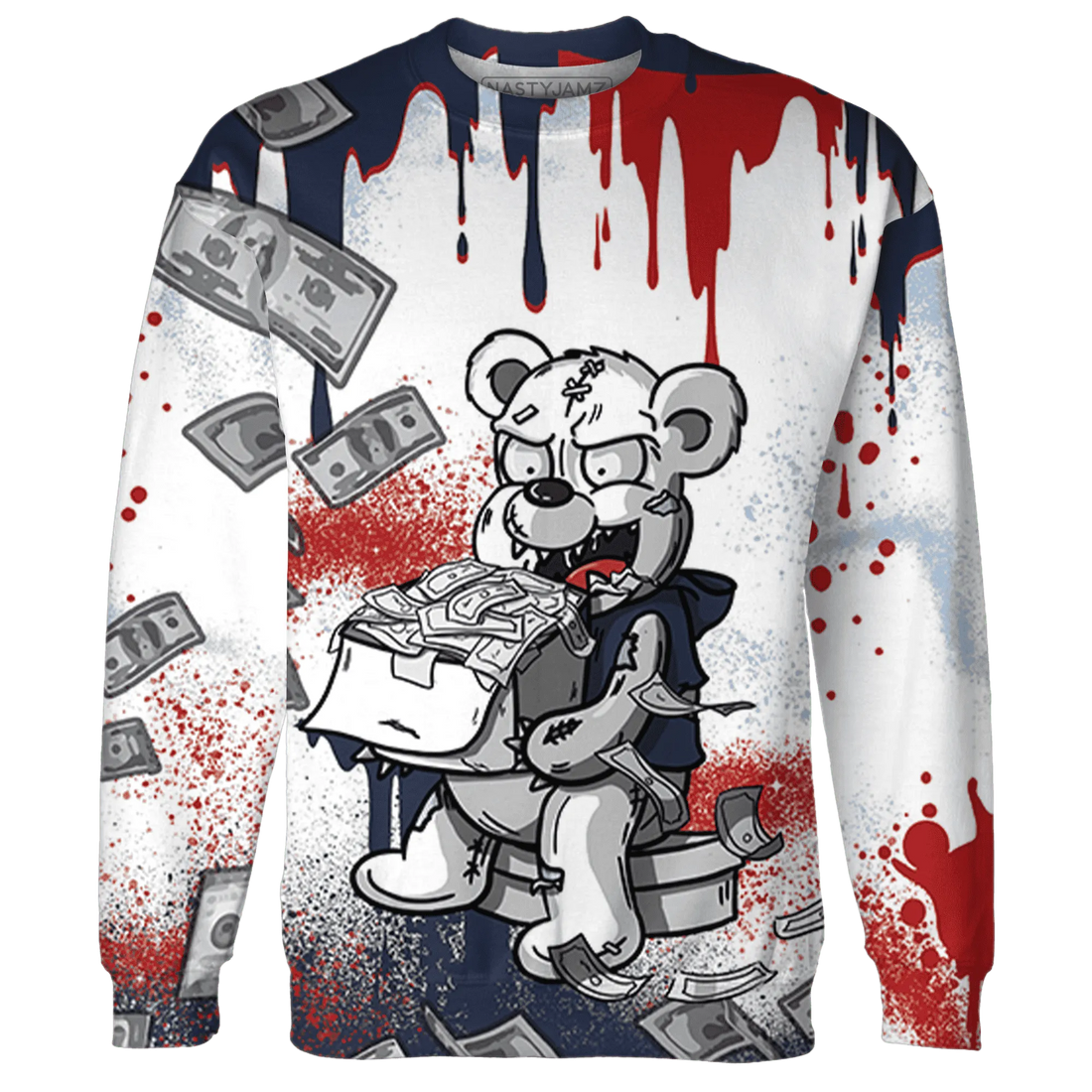 White-Navy-6s-Sweatshirt-Match-Cash-Money-3D-Splash-Paint