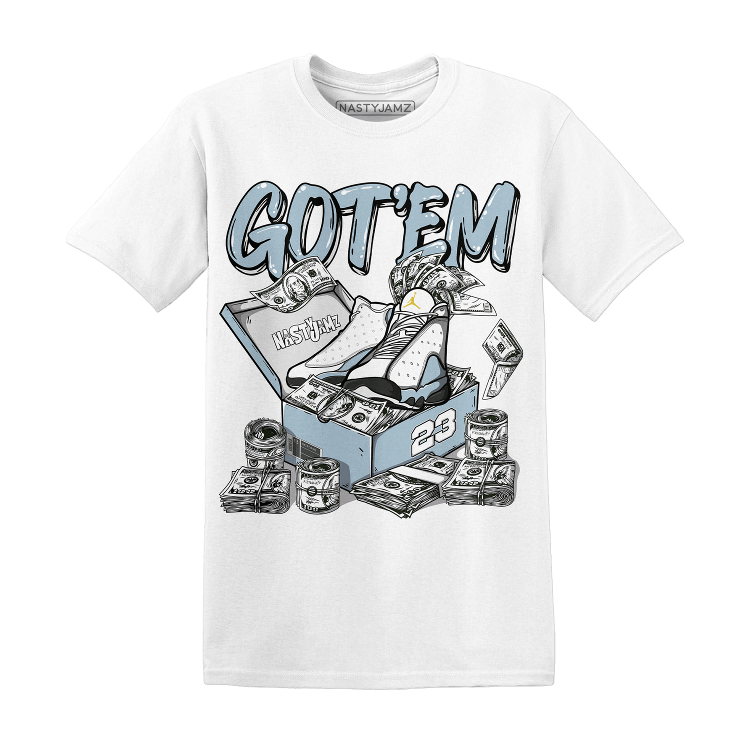 Blue Grey 13s T Shirt Match Dollar Sneaker Box - NastyJamz