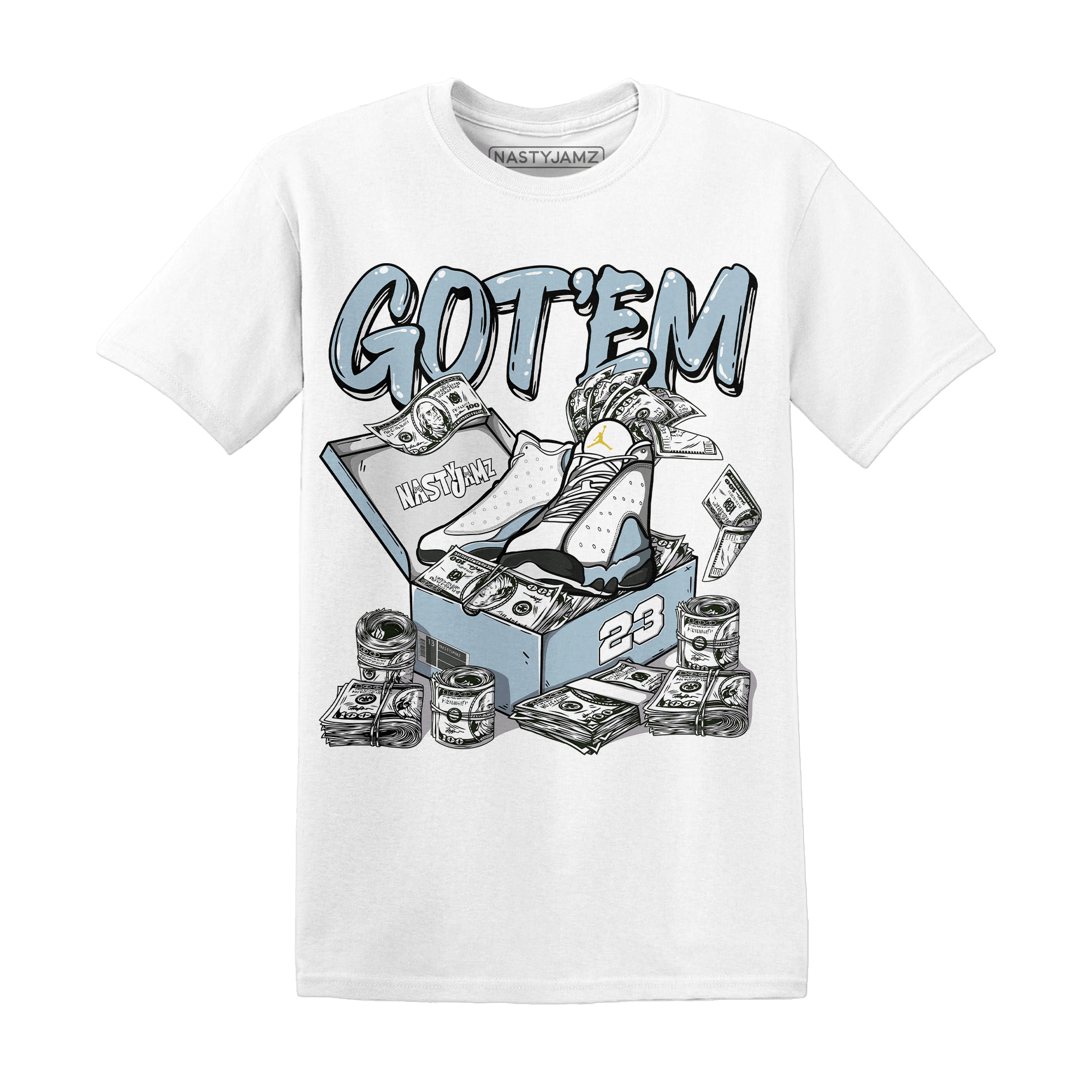 Blue Grey 13s T Shirt Match Dollar Sneaker Box - NastyJamz