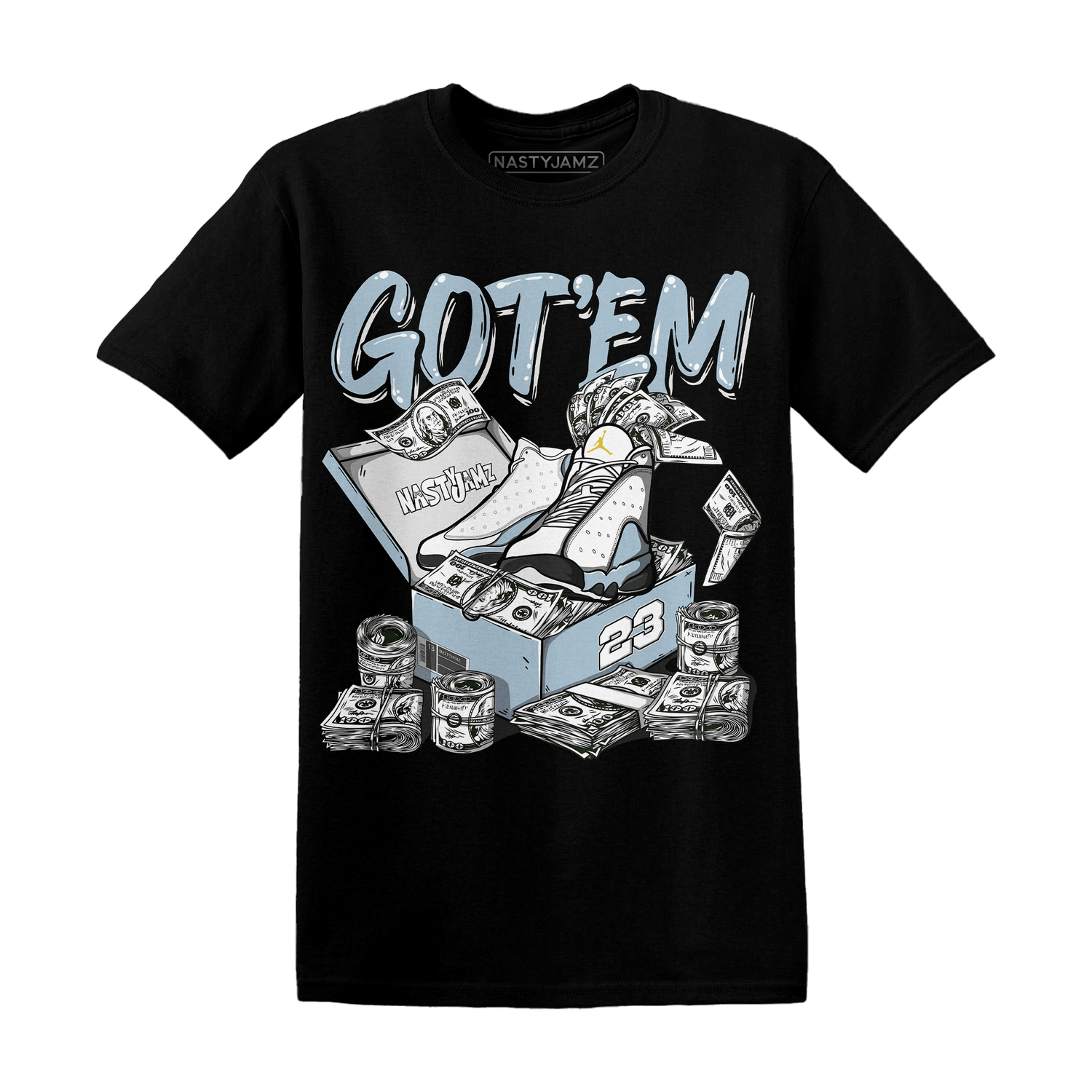 Blue Grey 13s T Shirt Match Dollar Sneaker Box - NastyJamz