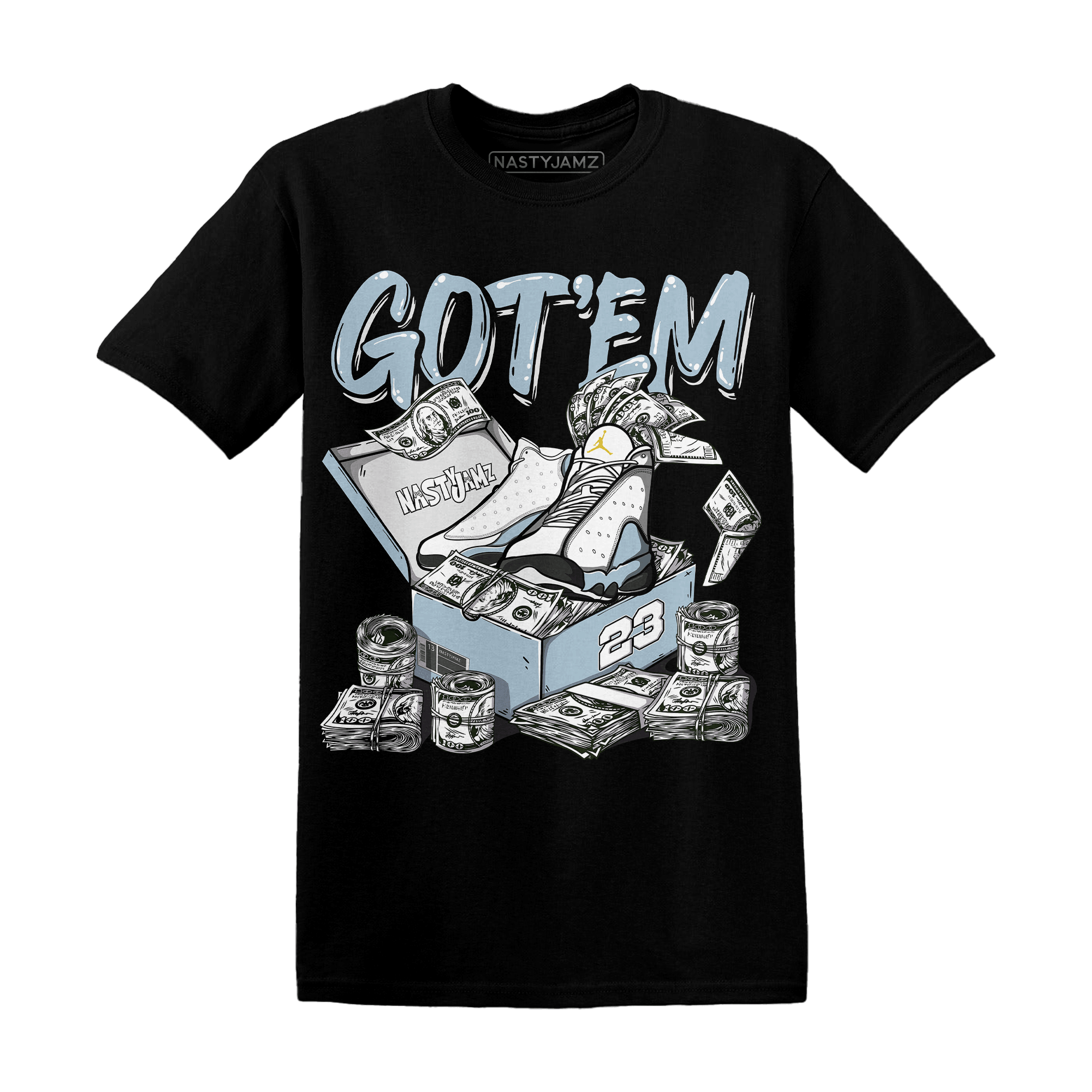 Blue Grey 13s T Shirt Match Dollar Sneaker Box - NastyJamz