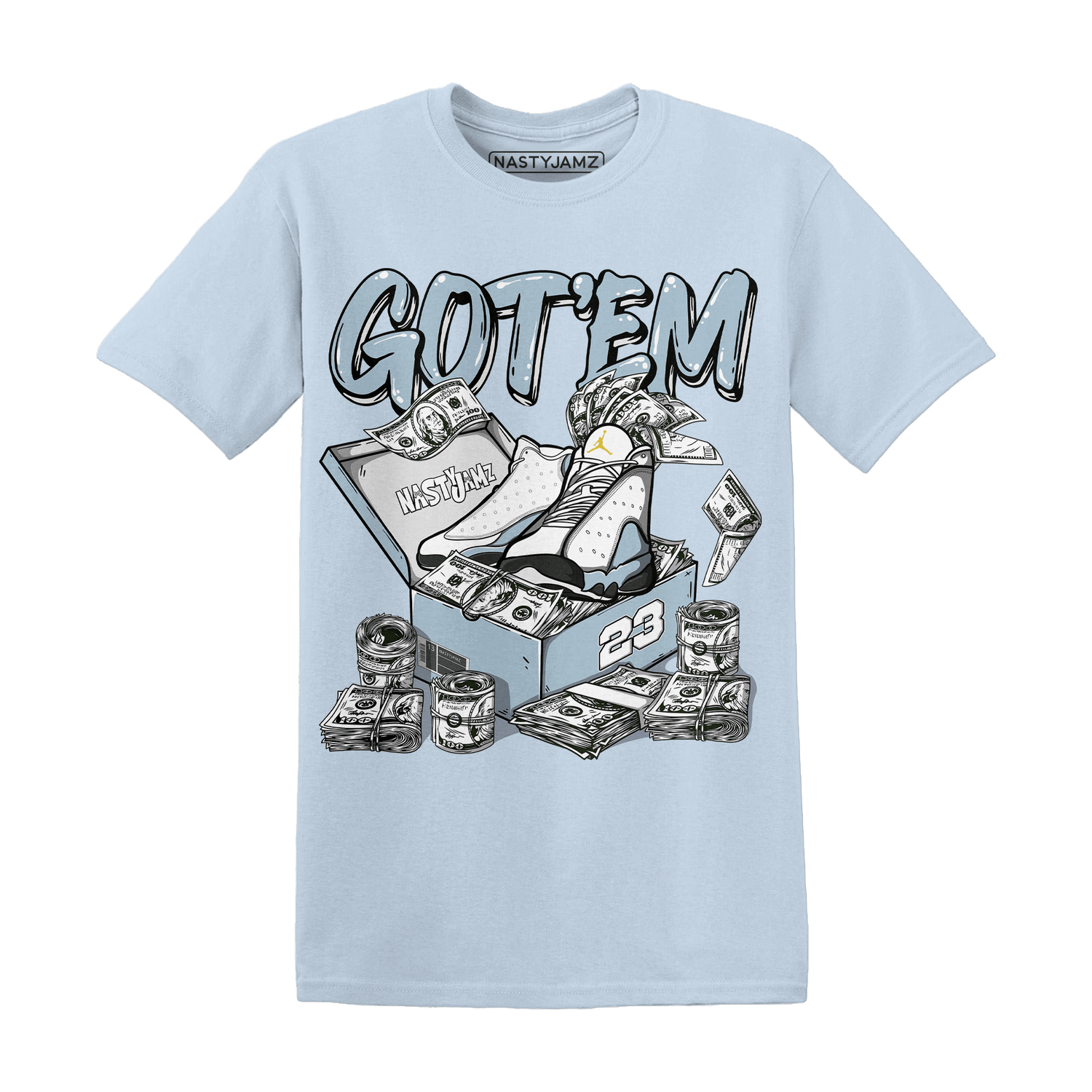 Blue Grey 13s T Shirt Match Dollar Sneaker Box - NastyJamz