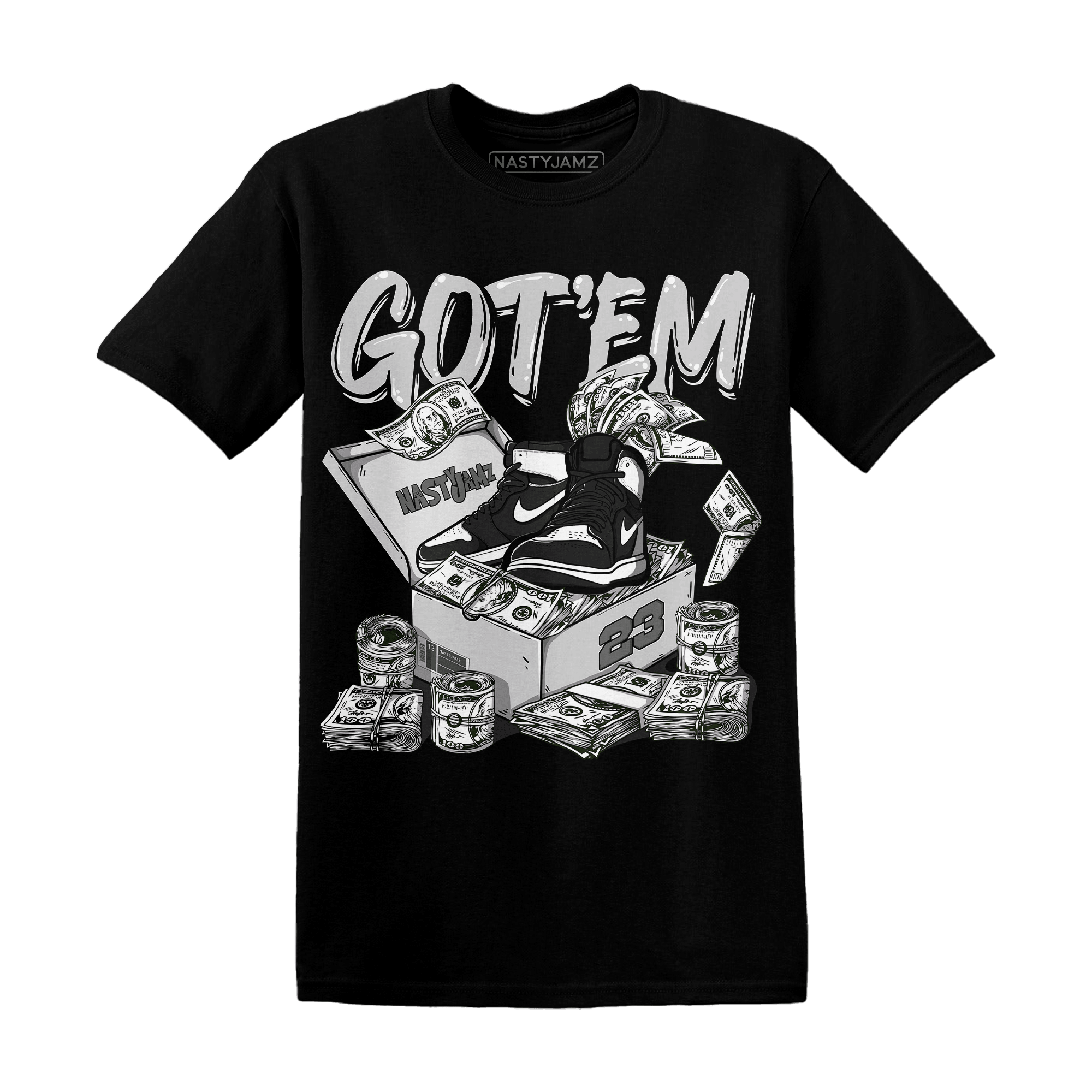 Retro High OG Black White 1s T Shirt Match Dollar Sneaker Box - NastyJamz