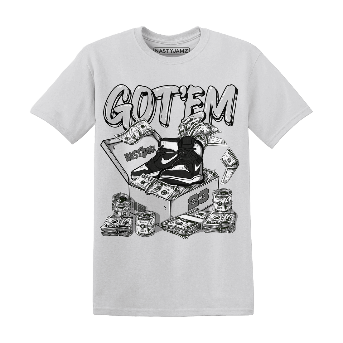 Retro High OG Black White 1s T Shirt Match Dollar Sneaker Box - NastyJamz