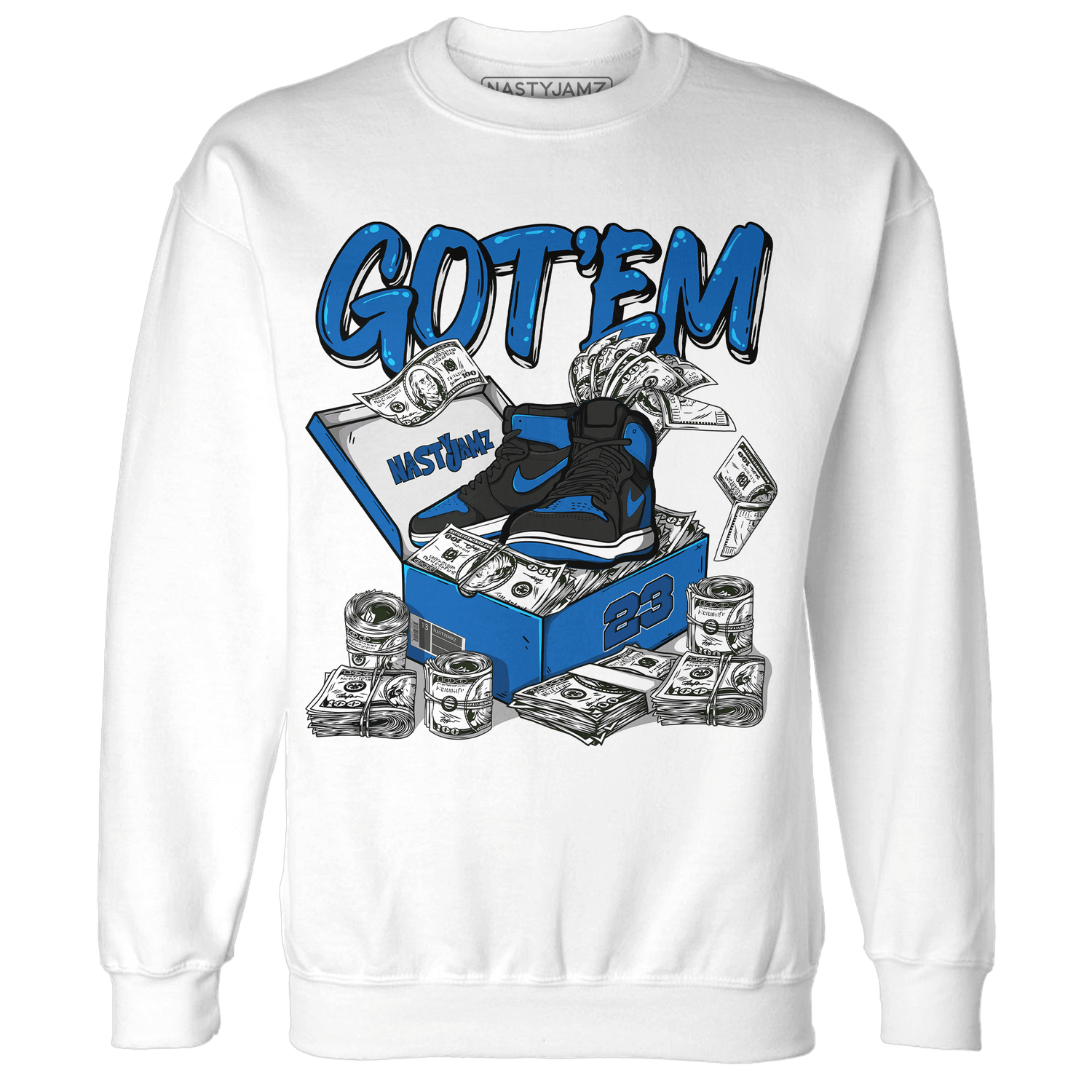 Royal Reimagined 1s Sweatshirt Match Dollar Sneaker Box - NastyJamz