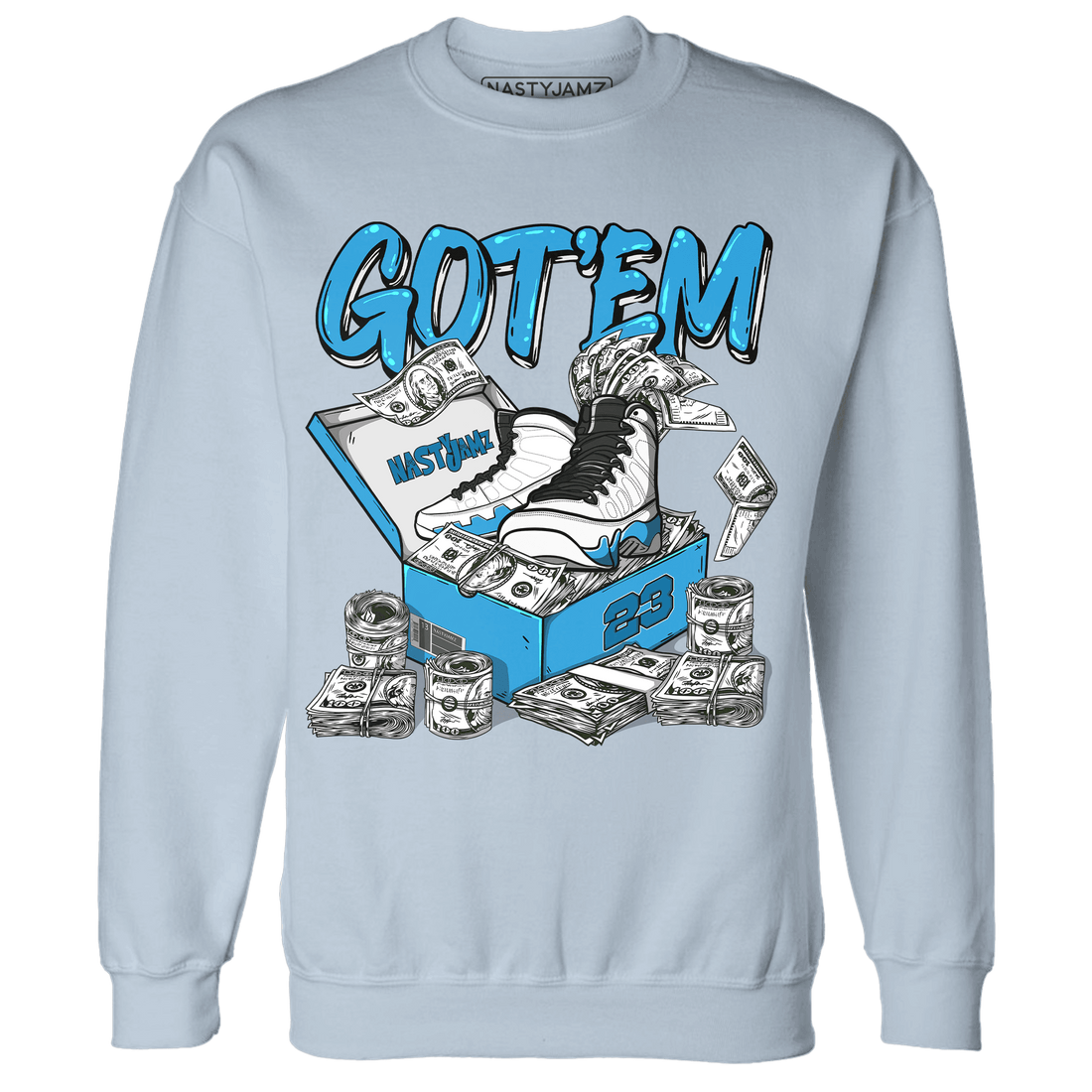 Powder Blue 9s Sweatshirt Match Dollar Sneaker Box - NastyJamz
