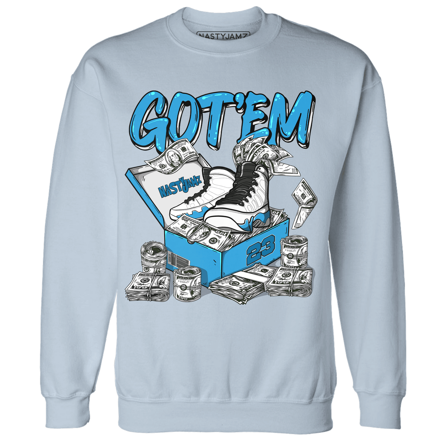 Powder Blue 9s Sweatshirt Match Dollar Sneaker Box - NastyJamz