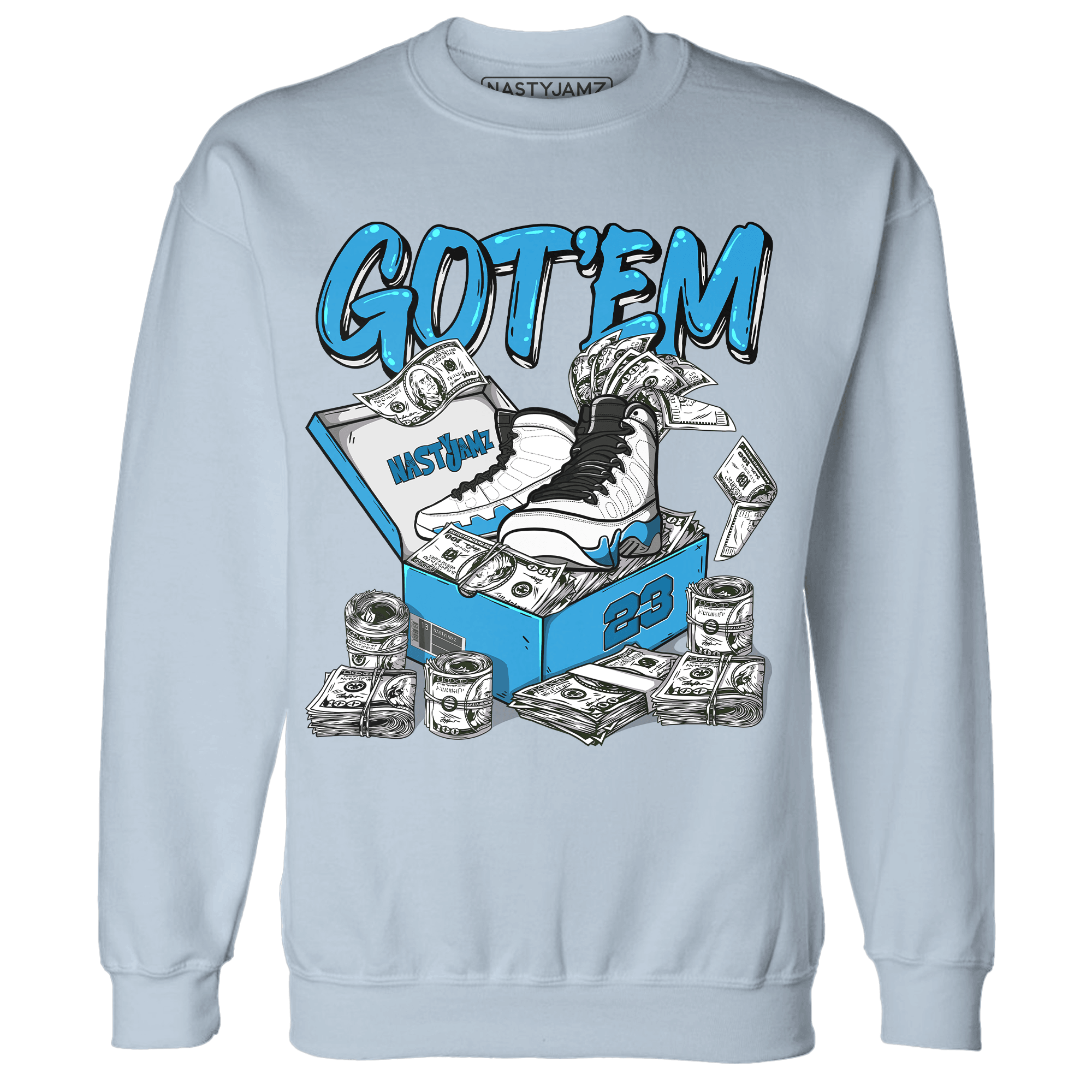 Powder Blue 9s Sweatshirt Match Dollar Sneaker Box - NastyJamz