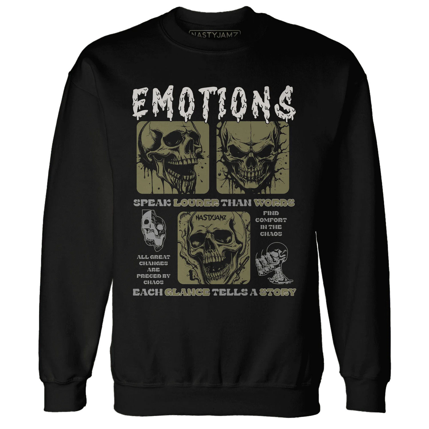 NastyJamz-Medium-Olive-1s-Sweatshirt-Match-Emotions-Skull