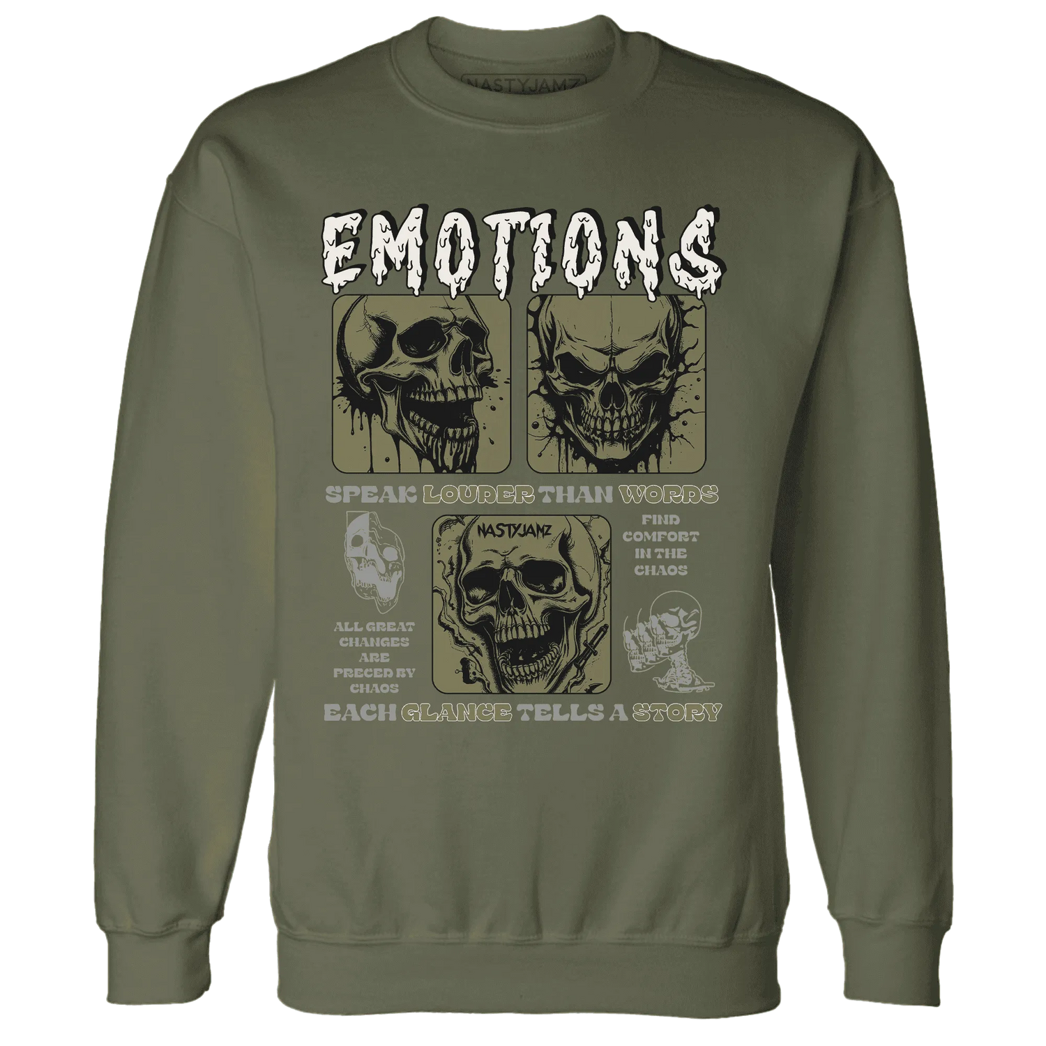 NastyJamz-Medium-Olive-1s-Sweatshirt-Match-Emotions-Skull