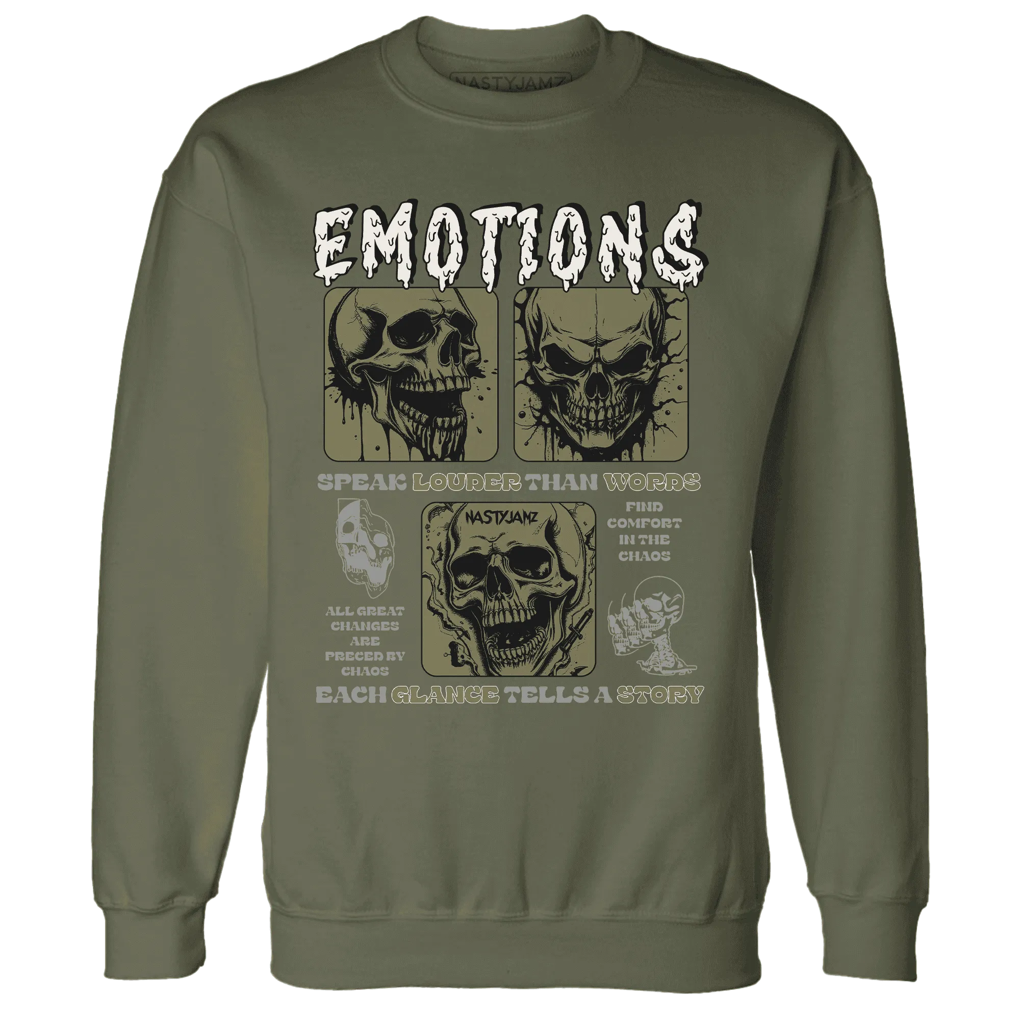 NastyJamz-Medium-Olive-1s-Sweatshirt-Match-Emotions-Skull