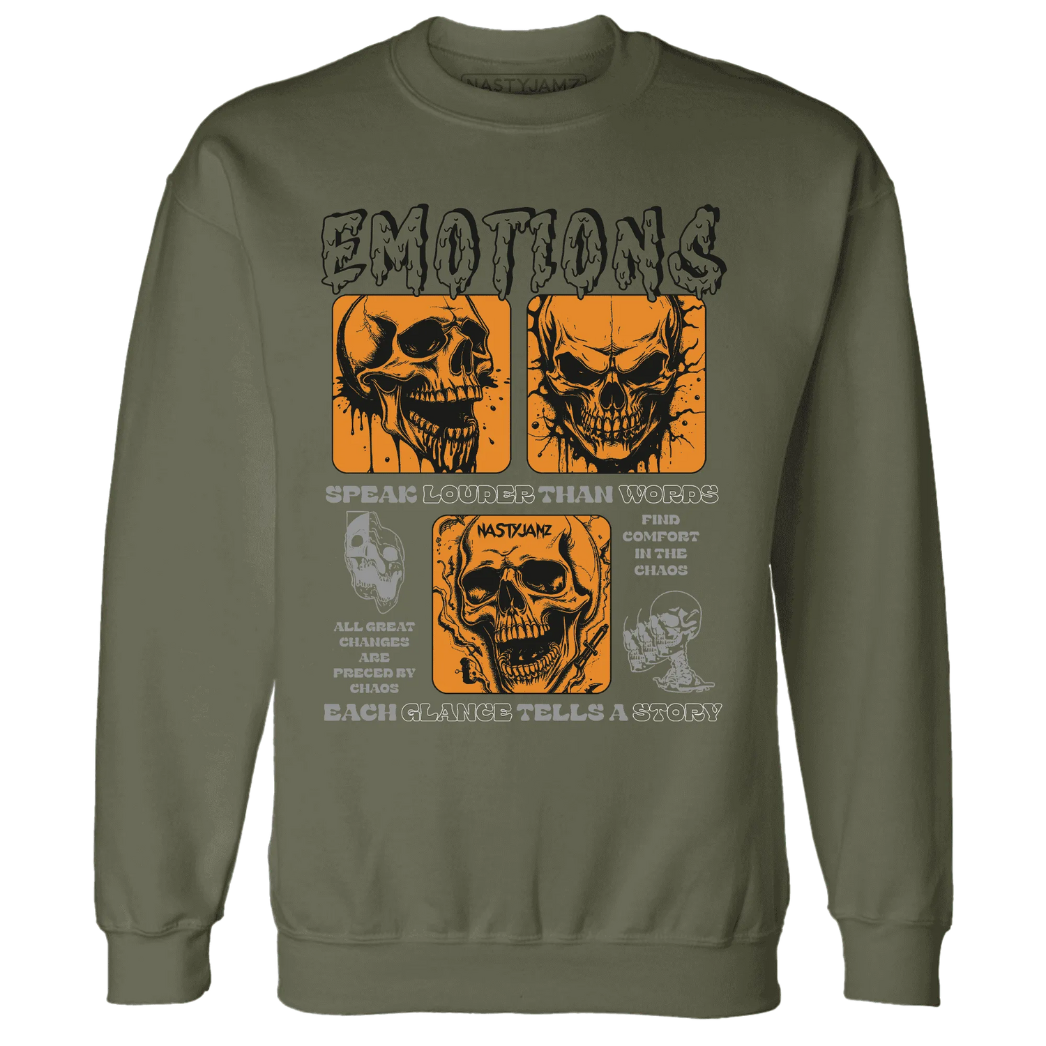 NastyJamz-Olive-5s-Sweatshirt-Match-Emotions-Skull