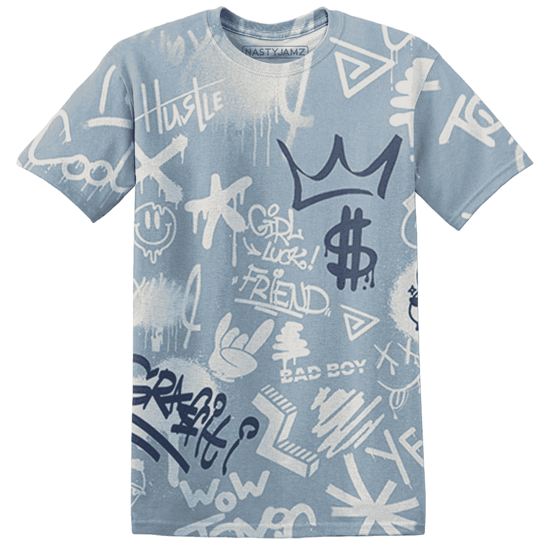 Mid Diffused Blue Grey 1s T Shirt Match Graffiti King 3D All-Over Print Doodle Style - NastyJamz