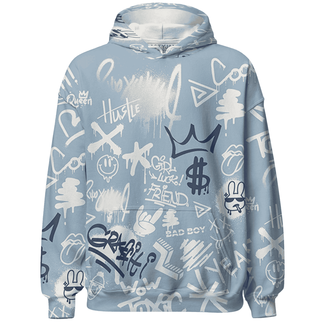 Mid Diffused Blue Grey 1s Hoodie Match Graffiti King 3D All-Over Print Doodle Style - NastyJamz