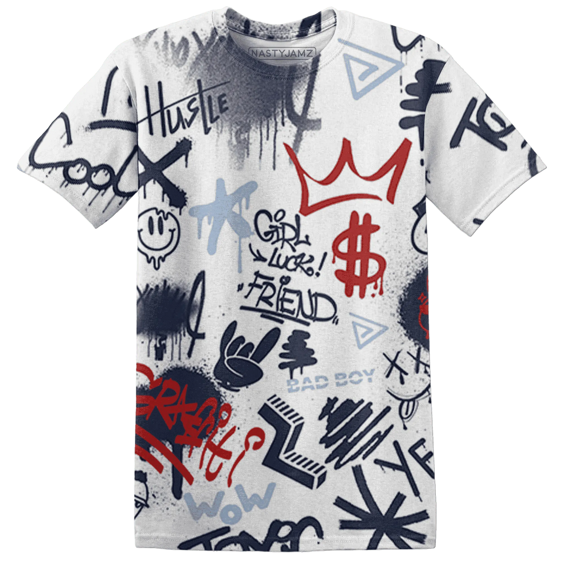 White-Navy-6s-T-Shirt-Match-Graffiti-King-3D-Doodle-Style