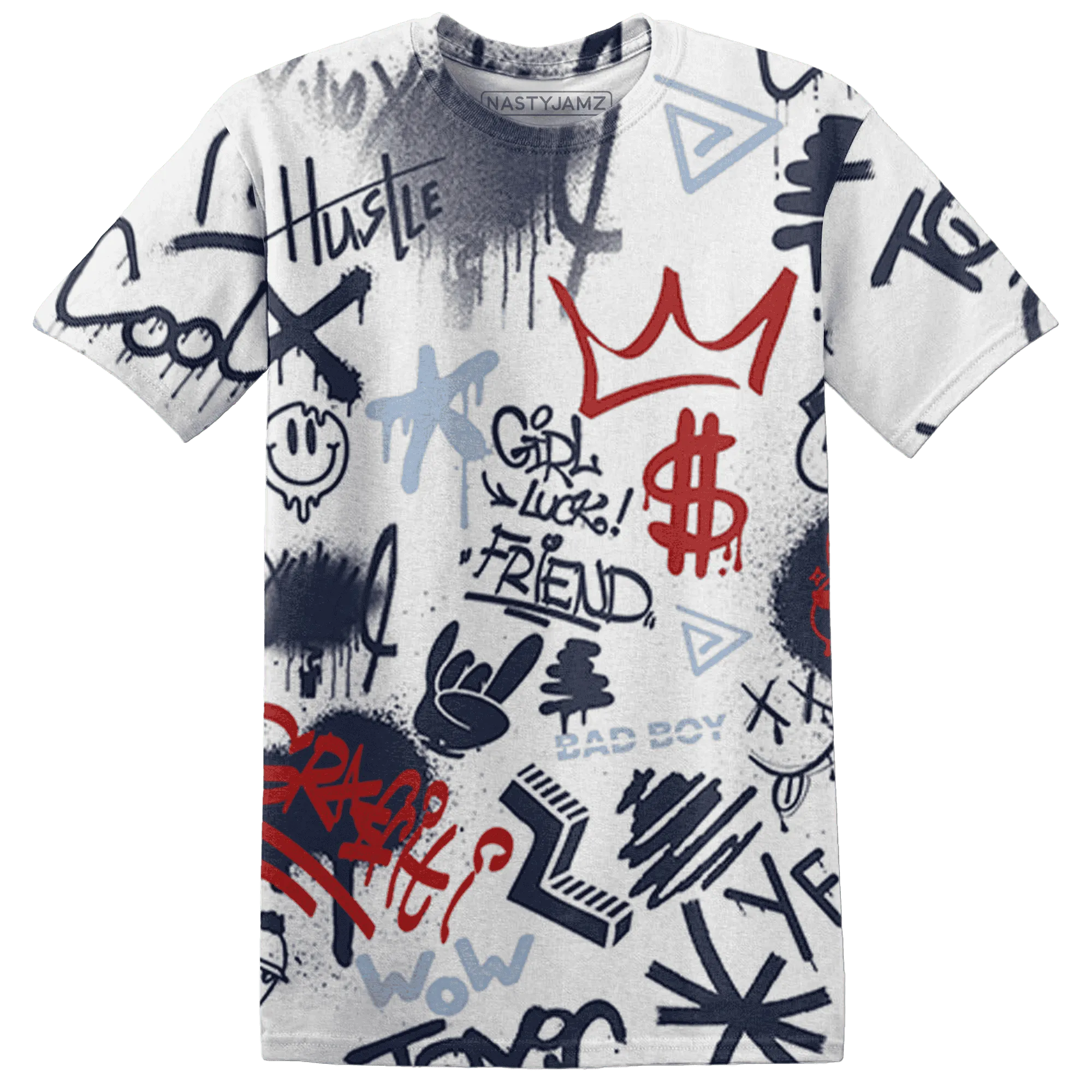 White-Navy-6s-T-Shirt-Match-Graffiti-King-3D-Doodle-Style