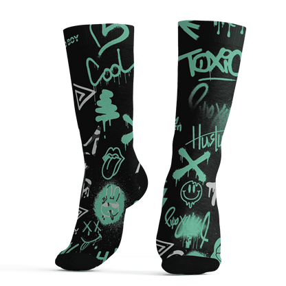 Green Glow 3s Socks Match Graffiti King 3D All-Over Print Doodle Style - NastyJamz