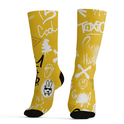 Yellow Ochre 6s Socks Match Graffiti King 3D All-Over Print Doodle Style - NastyJamz
