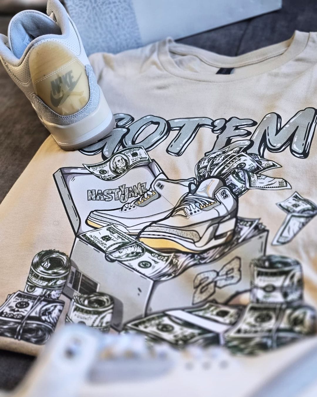 NastyJamz Craft Ivory 3s T-Shirt Match Dollar Sneaker Box