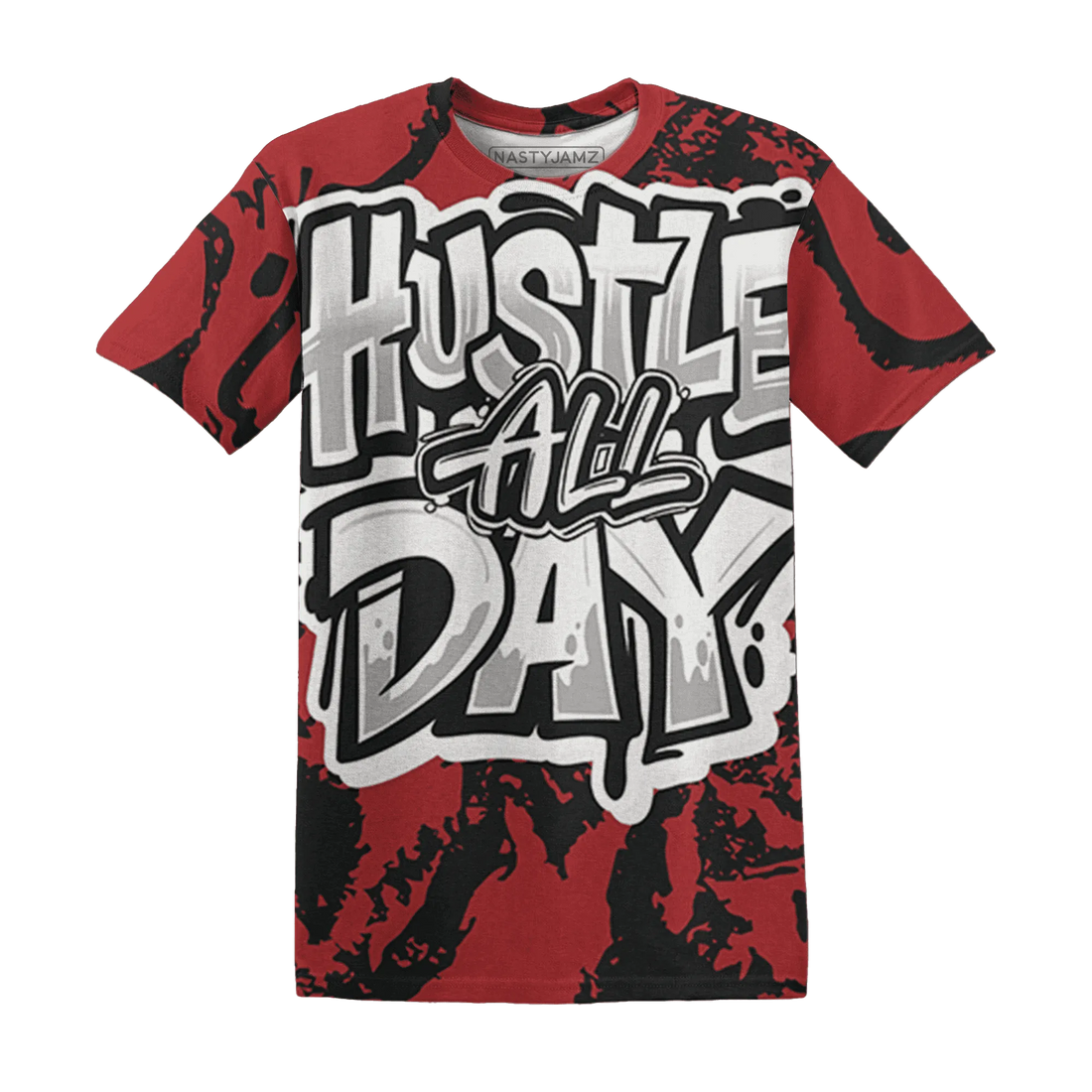 Black-Toe-Reimagined-Red-White-1s-NastyJamz-T-Shirt-Match-Hustle-All-Day-3D
