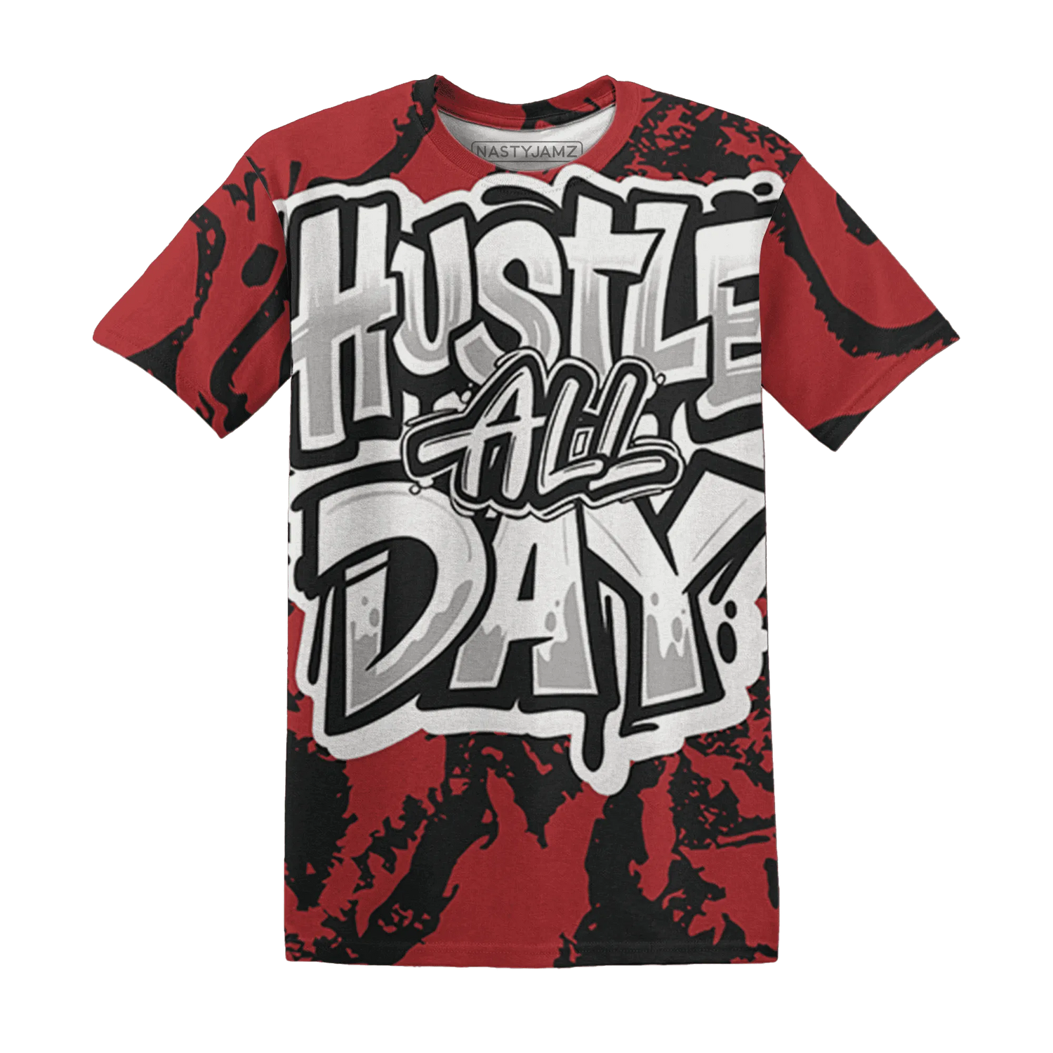 Black-Toe-Reimagined-Red-White-1s-NastyJamz-T-Shirt-Match-Hustle-All-Day-3D