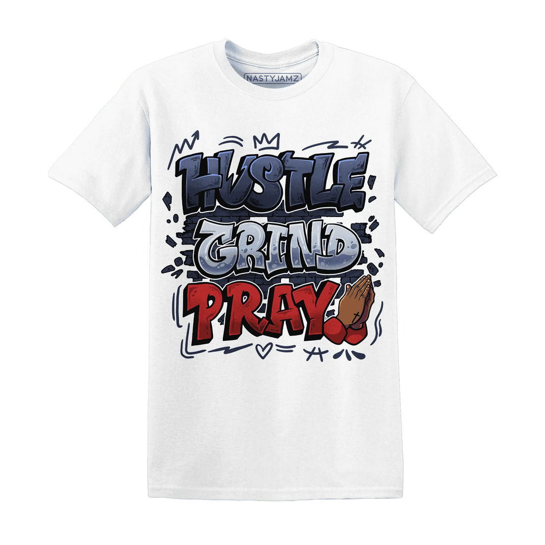 White-Navy-6s-T-Shirt-Match-Hustle-Grind-Pray